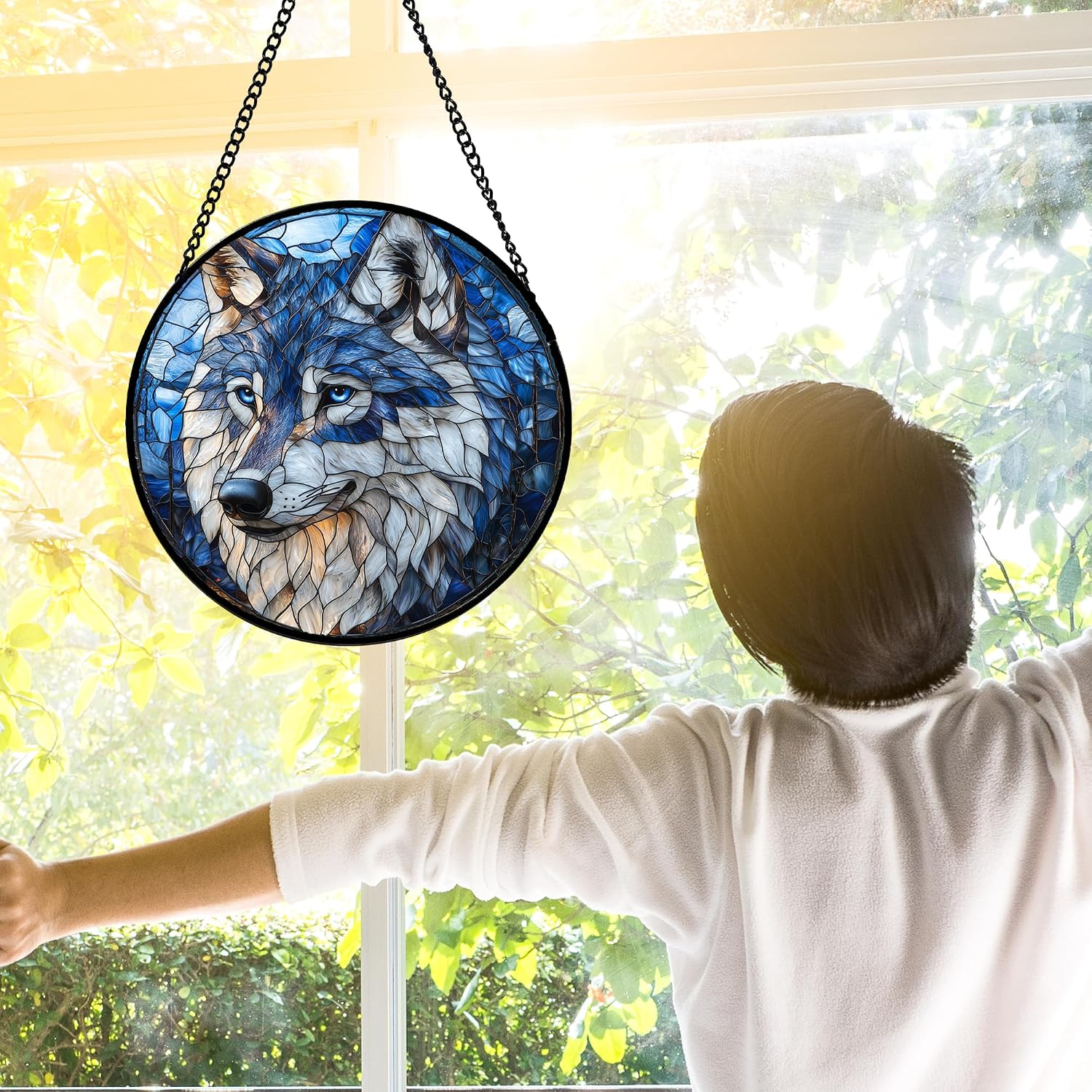 Thumbnail 2 de DASTOLL Blue Wolf Stained Glass Suncatcher, 9.8-Inch Blue and White Glass