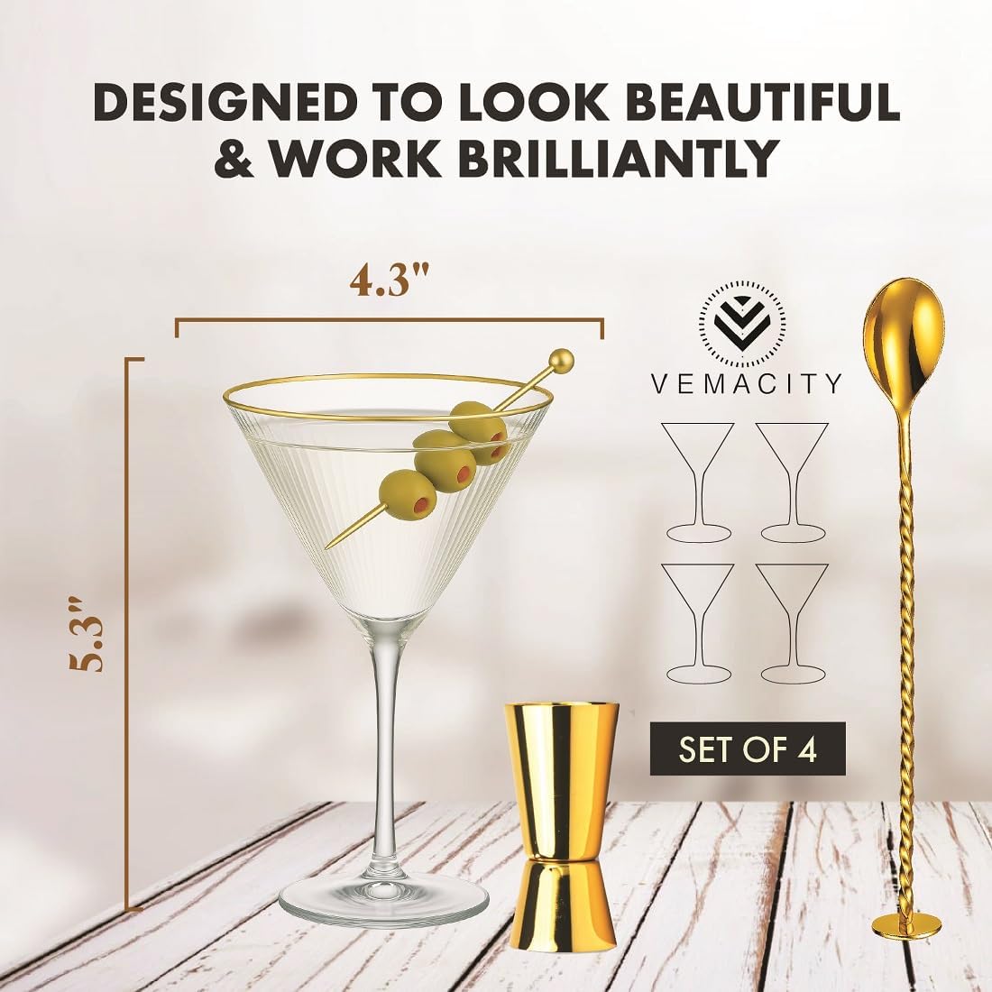 Thumbnail 4 de VEMACITY Ribbed Espresso Martini Glasses 7.4oz 🍸
