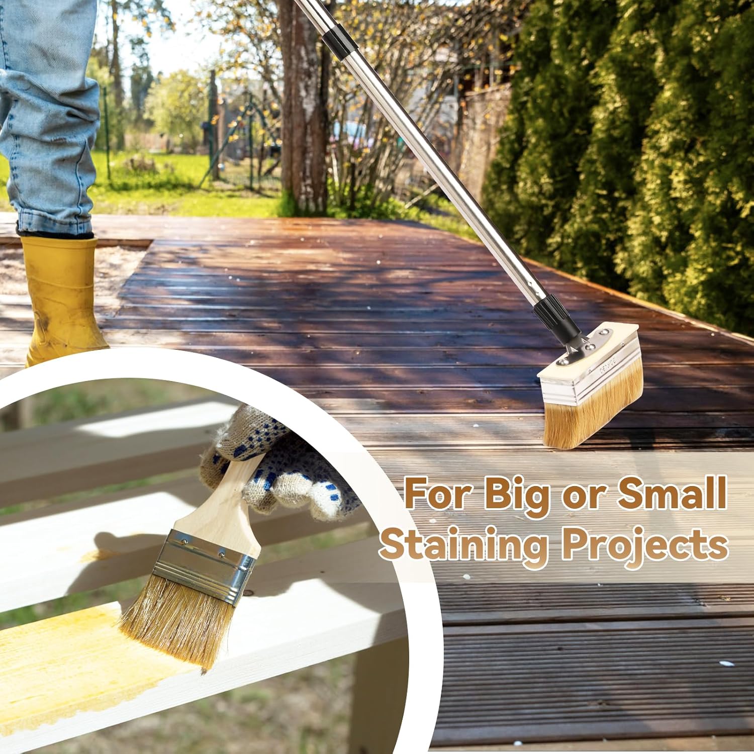 Thumbnail 4 de 7" & 3" Deck Stain Brush Kit with Long Handle (Black) – 7" decking paint brush plus smaller detail brush