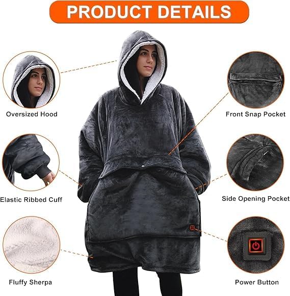 Detalle de Junbig Wearable Heated Blanket Hoodie with Sherpa Lining and 3 Heat Settings