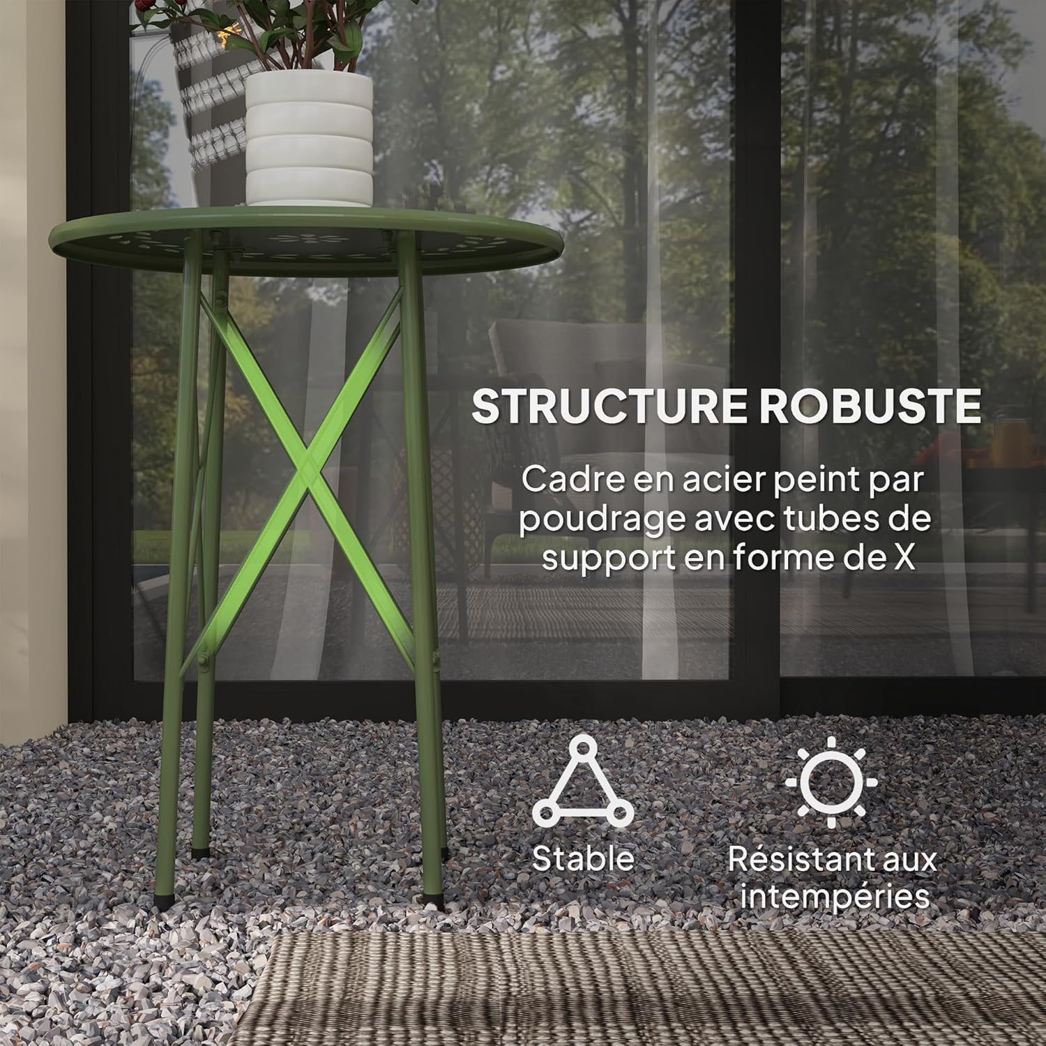 Detalle de Outsunny Petite table d’appoint ronde en acier vert avec décor fleur et feuilles