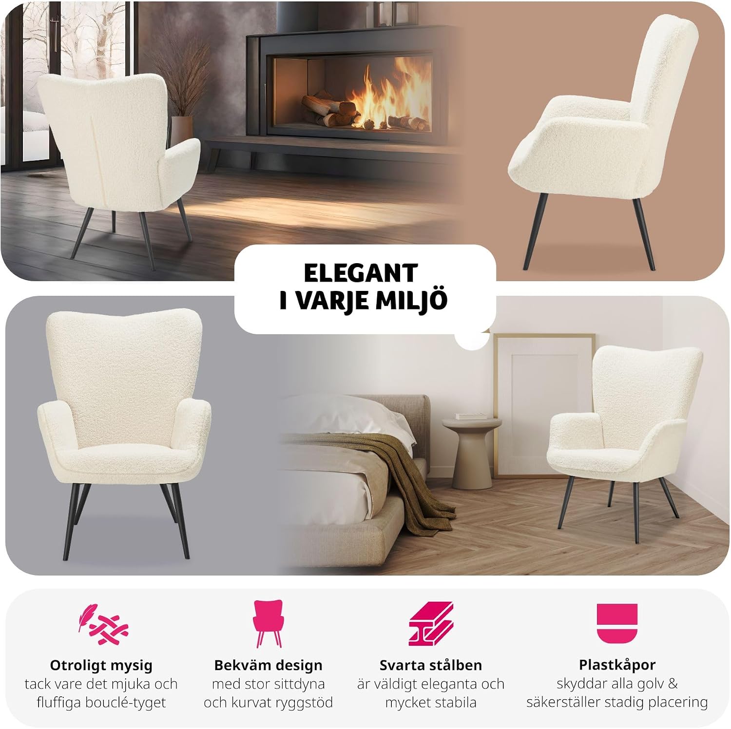Detalle 1 de tectake Hygge 405057 fåtölj i bouclé med ergonomiskt ryggstöd och svarta stålben