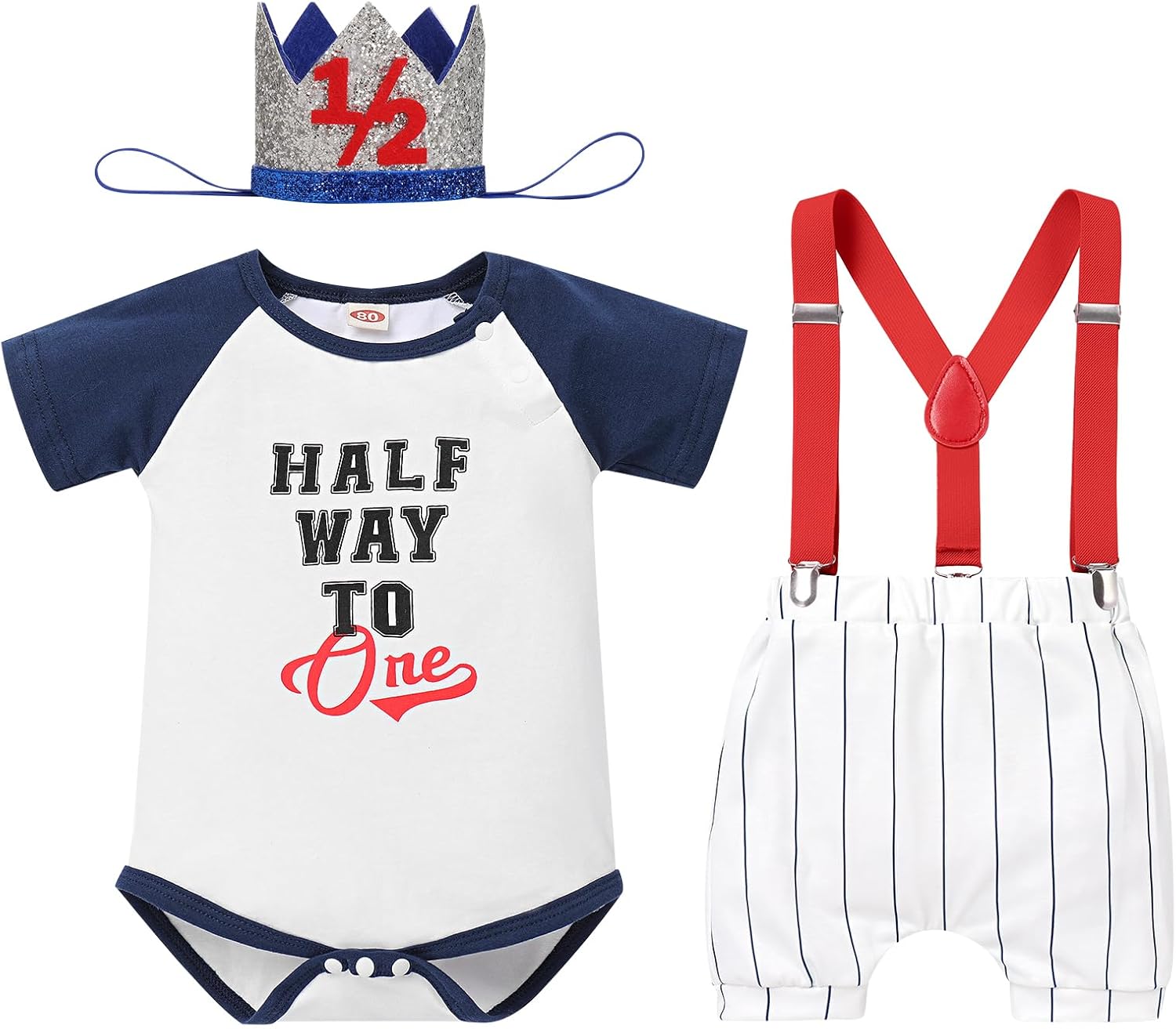 Thumbnail 6 de IDOPIP Costume bébé garçon 6-9 mois anniversaire : combinaison, short à bretelles et couronne pour les photos