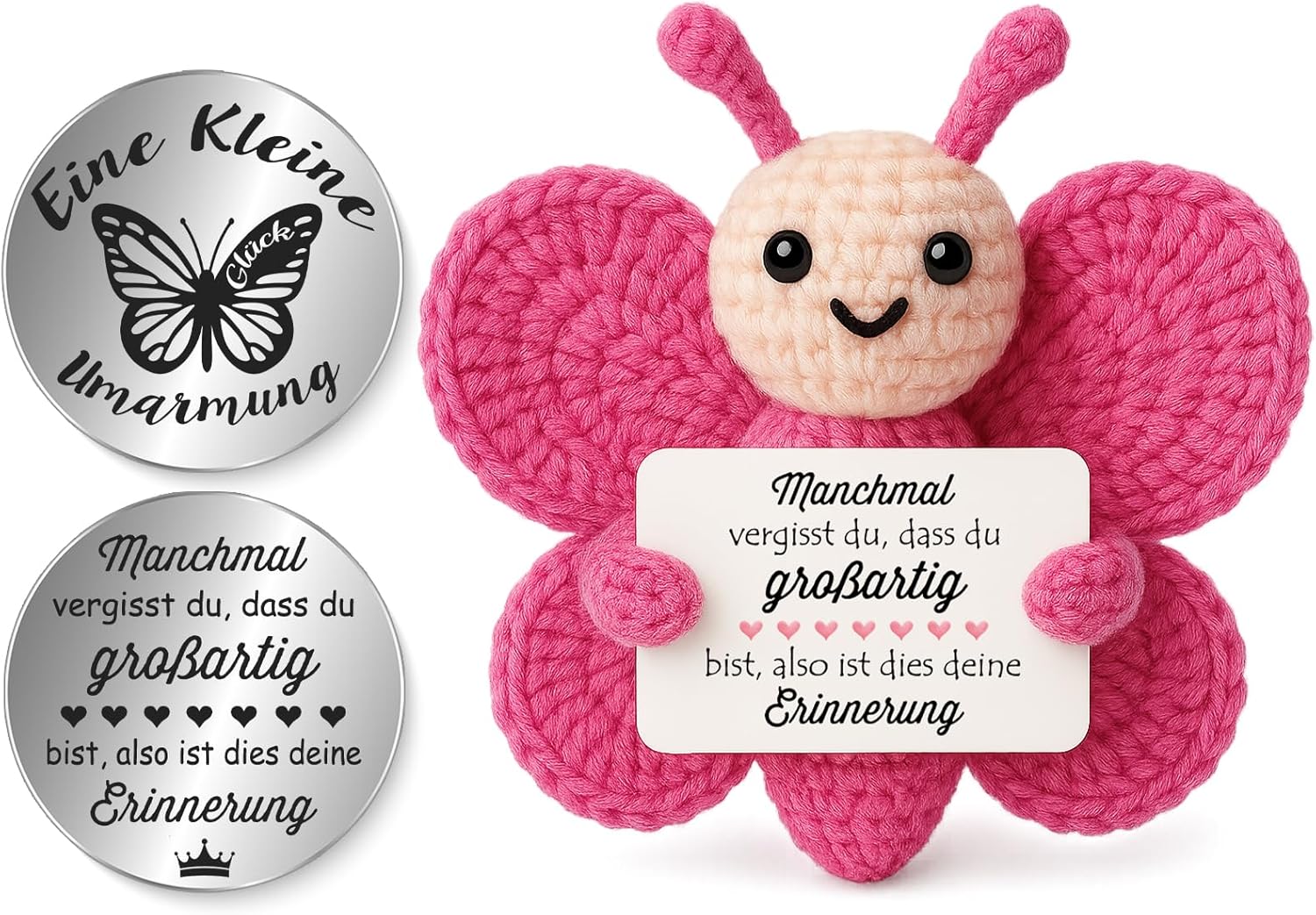 Detalle de Tixlux Pocket Hug Positive Schmetterling – Strickfigur mit Umarmung-Glücksbringer (Einschulung, Gute Besserung)