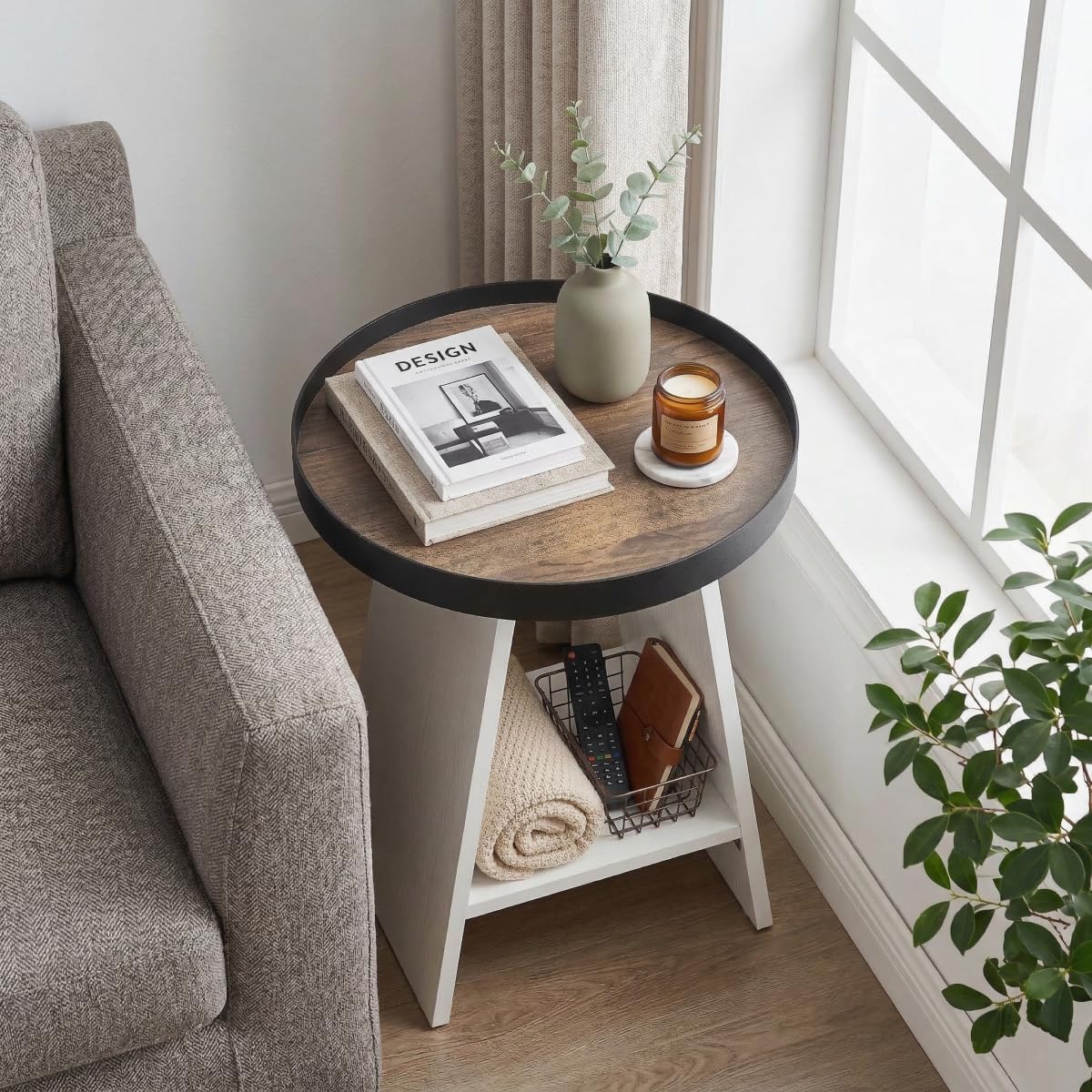 Thumbnail 1 de ZEXVIDA Round End Table with Tray Top (White) - 2-Tier Rustic Side Table for Small Spaces