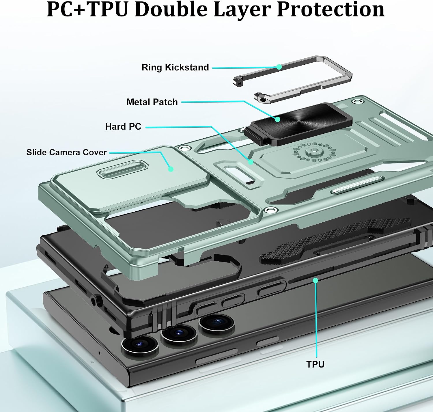 Detalle de Jshru Military-Grade Shockproof Case for Samsung Galaxy S23 Ultra with Slide Camera Cover & 360° Ring Kickstand (Alpine Green)