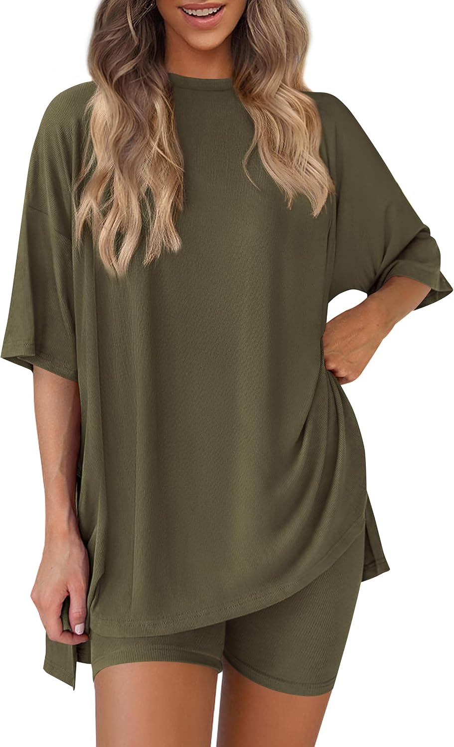Detalle de Prettygarden Two-Piece Women's Summer Set: Relaxed Tee + Bike Shorts