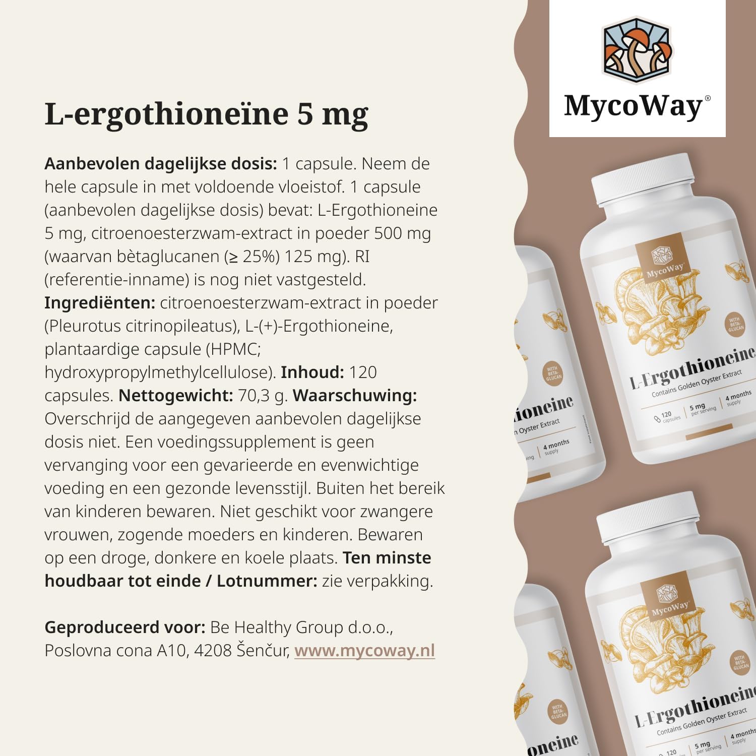 Thumbnail 6 de MycoWay L-ergothioneïne 5 mg capsules met gele-oesterzwamextract, 120 stuks