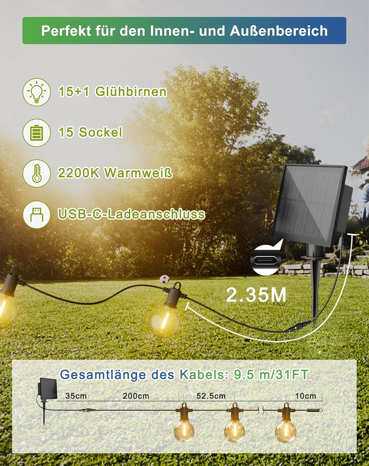 Thumbnail 4 de Zuske Solar Lichterkette Außen 9,5 m – 15+1 G40 LED, IP65, 5 Modi, USB-C Lademöglichkeit