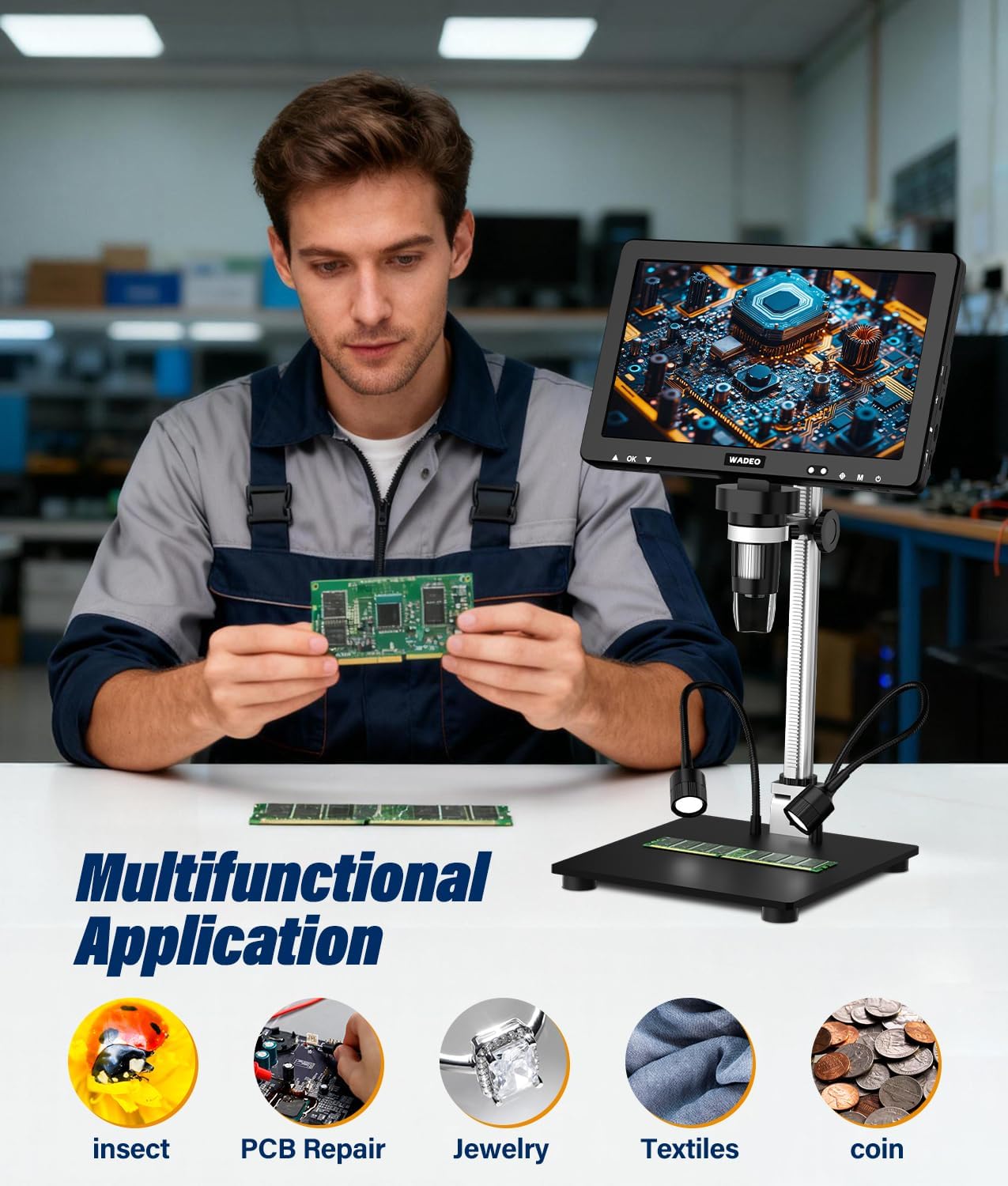 Thumbnail 6 de WADEO Microscopio Digitale con Schermo LCD 10,1'' – 1500X, 1080P, 32GB, 8 LED per Riparazione Elettronica