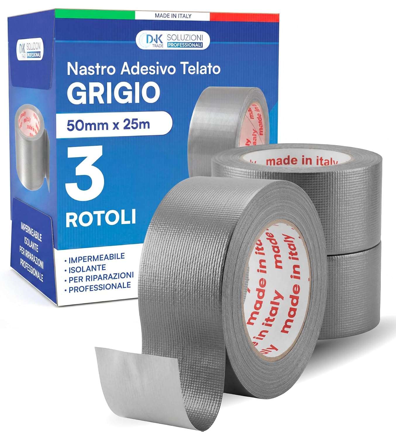 Detalle de DNK TRADE Nastro Adesivo Telato Americano 50mm x 25m – Tre Rotoli Grigio, resistente all’acqua e adatta a metallo, plastica e legno