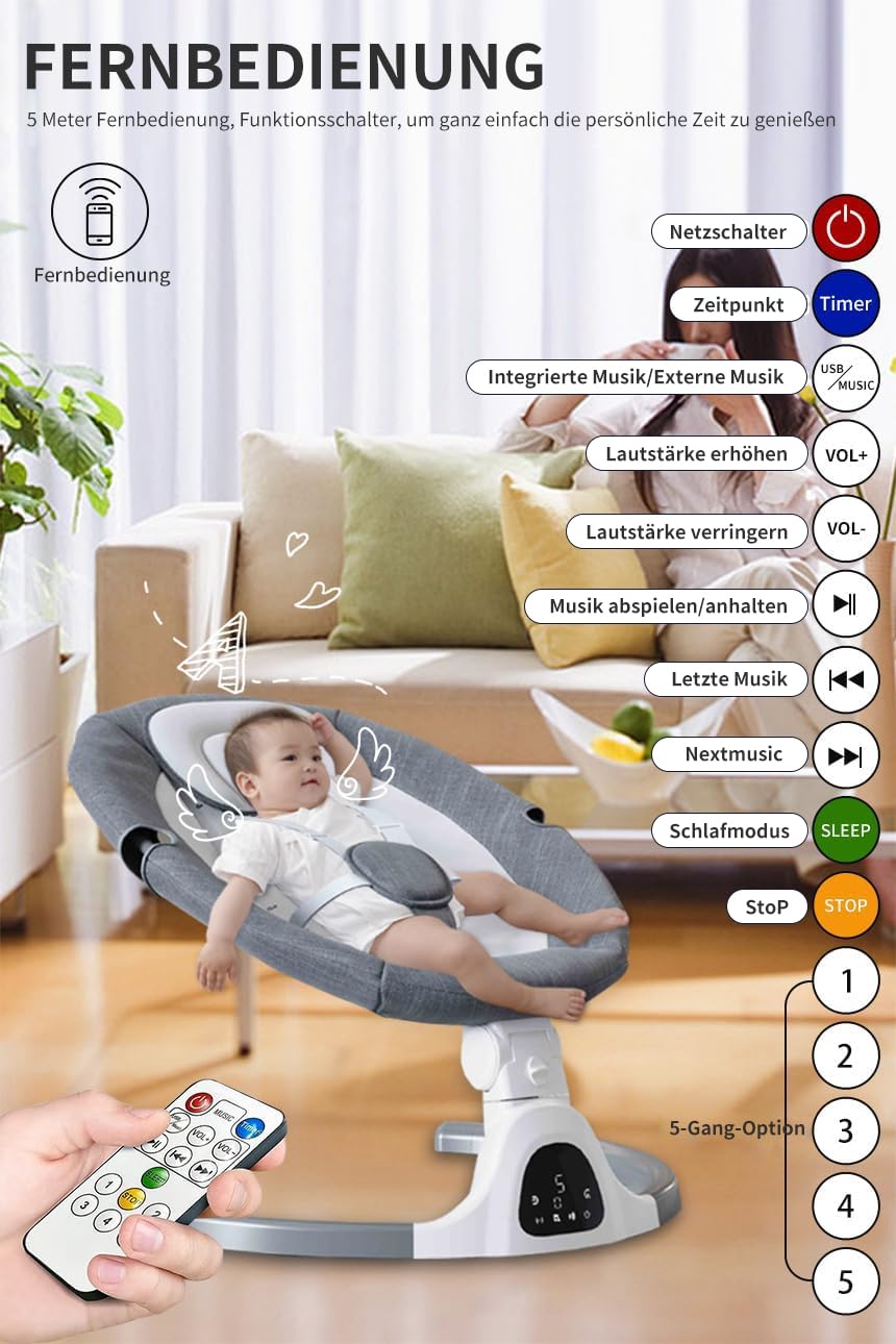 Detalle de Bluetooth-Baby-Schaukel für Säuglinge – 5 Geschwindigkeiten, 12 Schlaflieder, Bluetooth- & USB-Verbindung