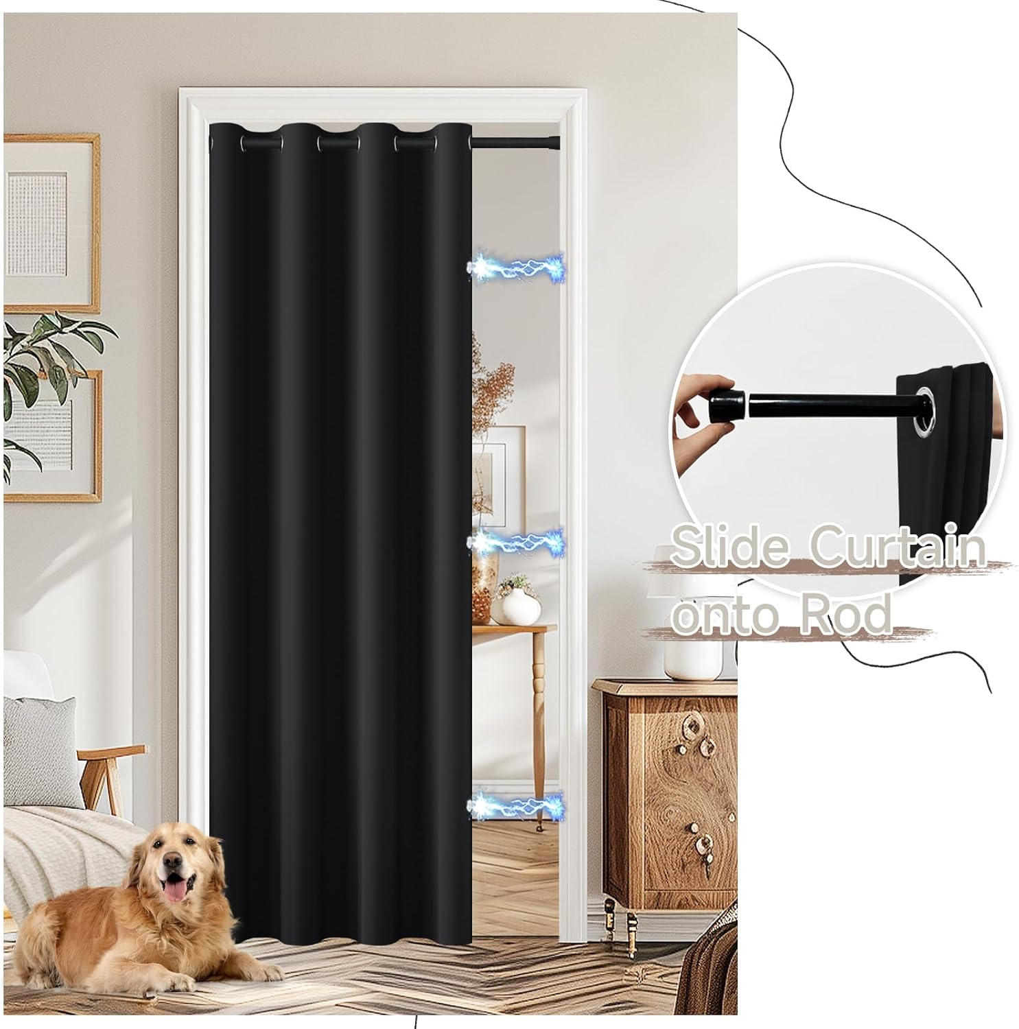 Thumbnail 4 de JCyh blickdichter Türvorhang mit Teleskopstange – Montage ohne Bohren, 1 Stück schwarz (H195 x B132 cm)