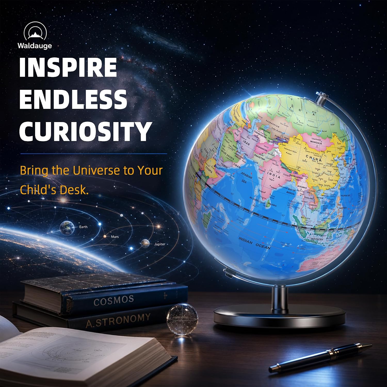 Thumbnail 4 de Waldauge Illuminated World Globe with Stand – 9" HD Map, Stable Metal Base, and LED Night Light