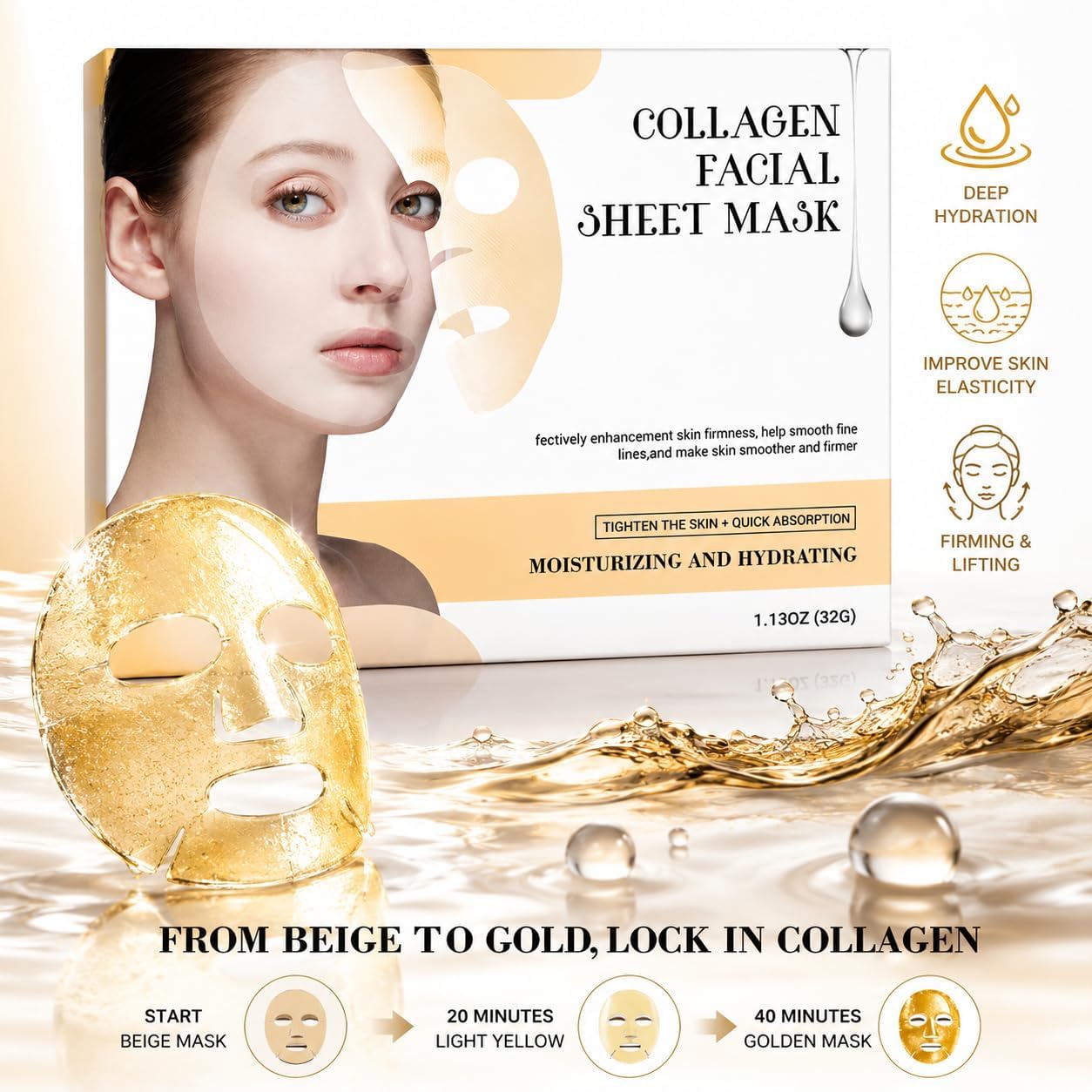 Detalle de Masque Collagene Visage Hydratant – Masque Hydrogel Doré à Double Partie