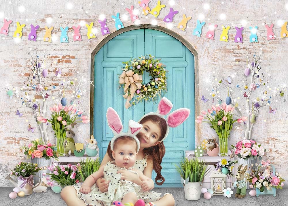 Thumbnail 1 de Avezano Easter Backdrop Blue Wooden Doors Brick Wall – 7x5ft