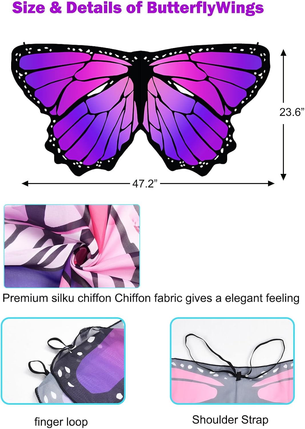 Detalle 2 de Aimeiar Butterfly Costume for Girls with Chiffon Wings and Rainbow Tutu
