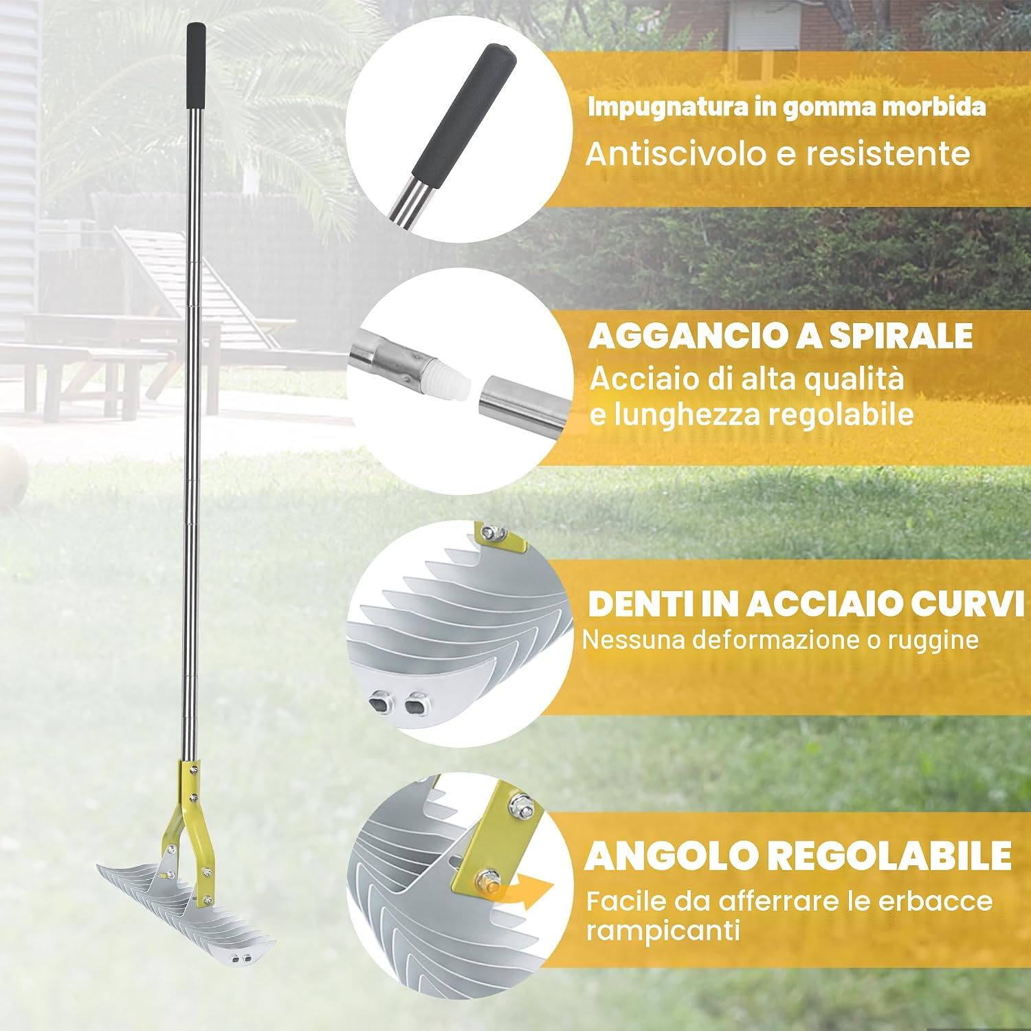 Detalle de BARAYSTUS Rastrello per paglia e prato con manico regolabile da 148 cm – pettine multiuso per diserbo e concimazione