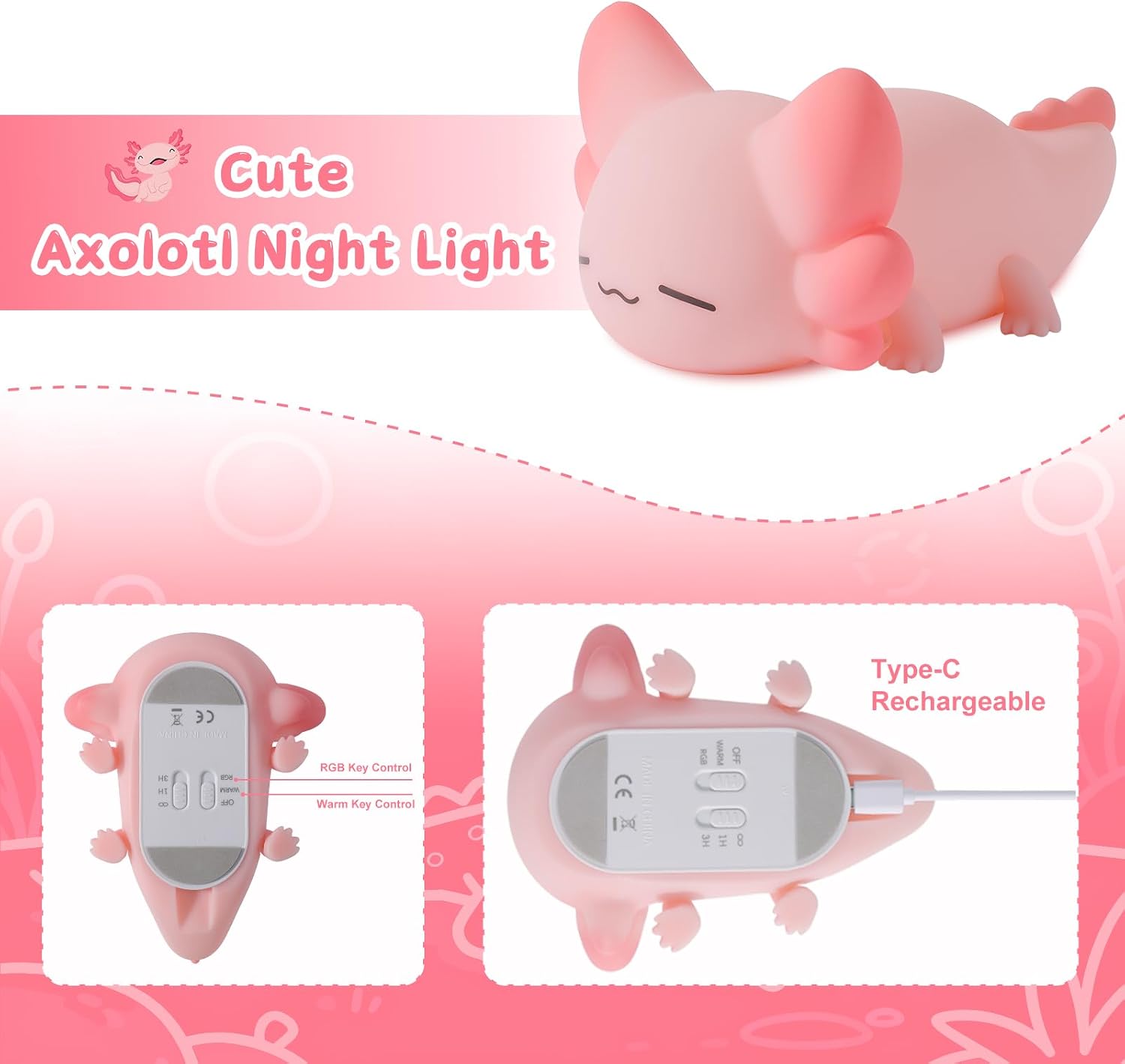 Thumbnail 2 de Lampe de nuit enfant Axolotl en silicone rechargeable USB ZKLiLi (16 couleurs) avec télécommande