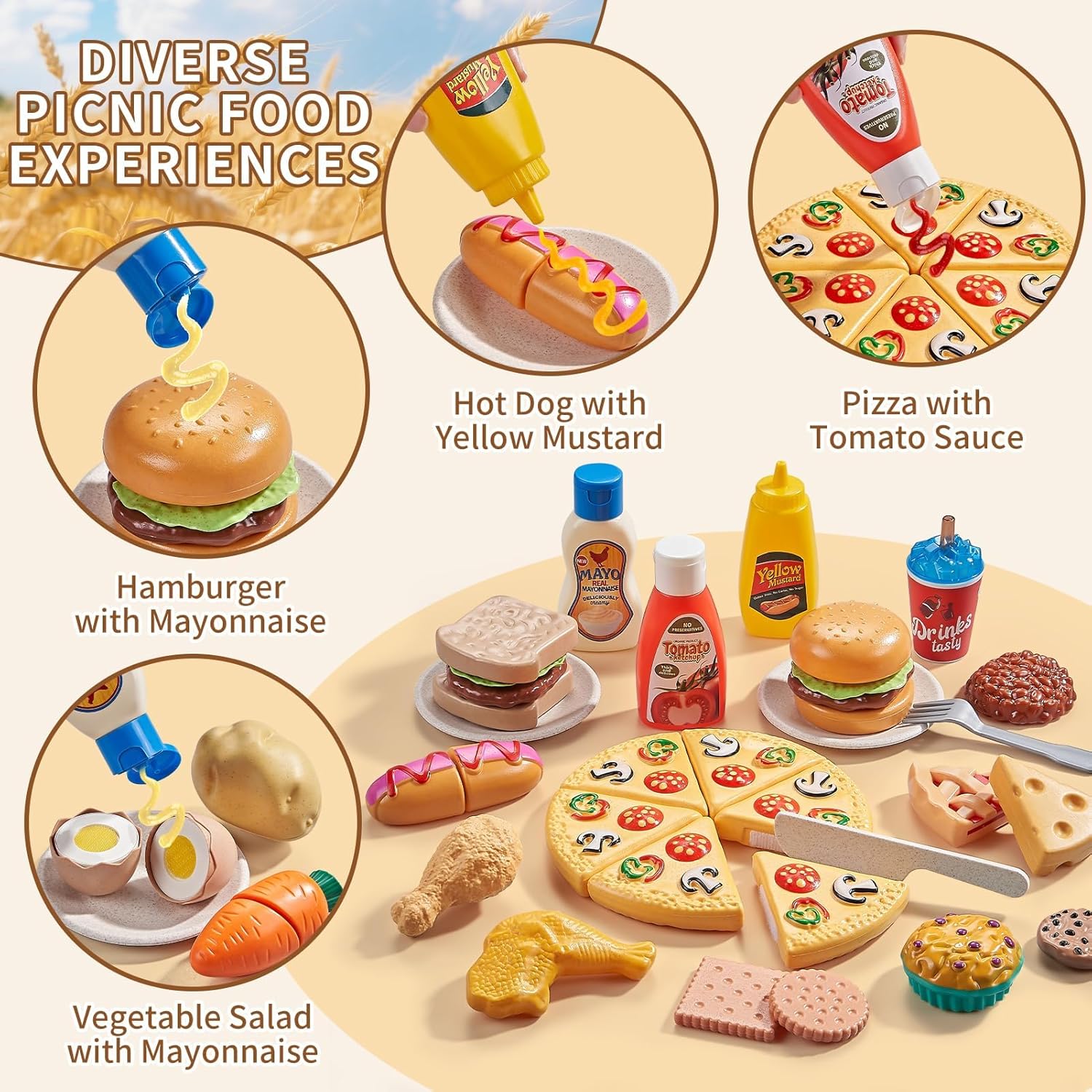 Thumbnail 2 de Play Food Sets for Kids Kitchen: 83-Piece Wheat Straw Pretend Play Food with Picnic Basket and Blanket