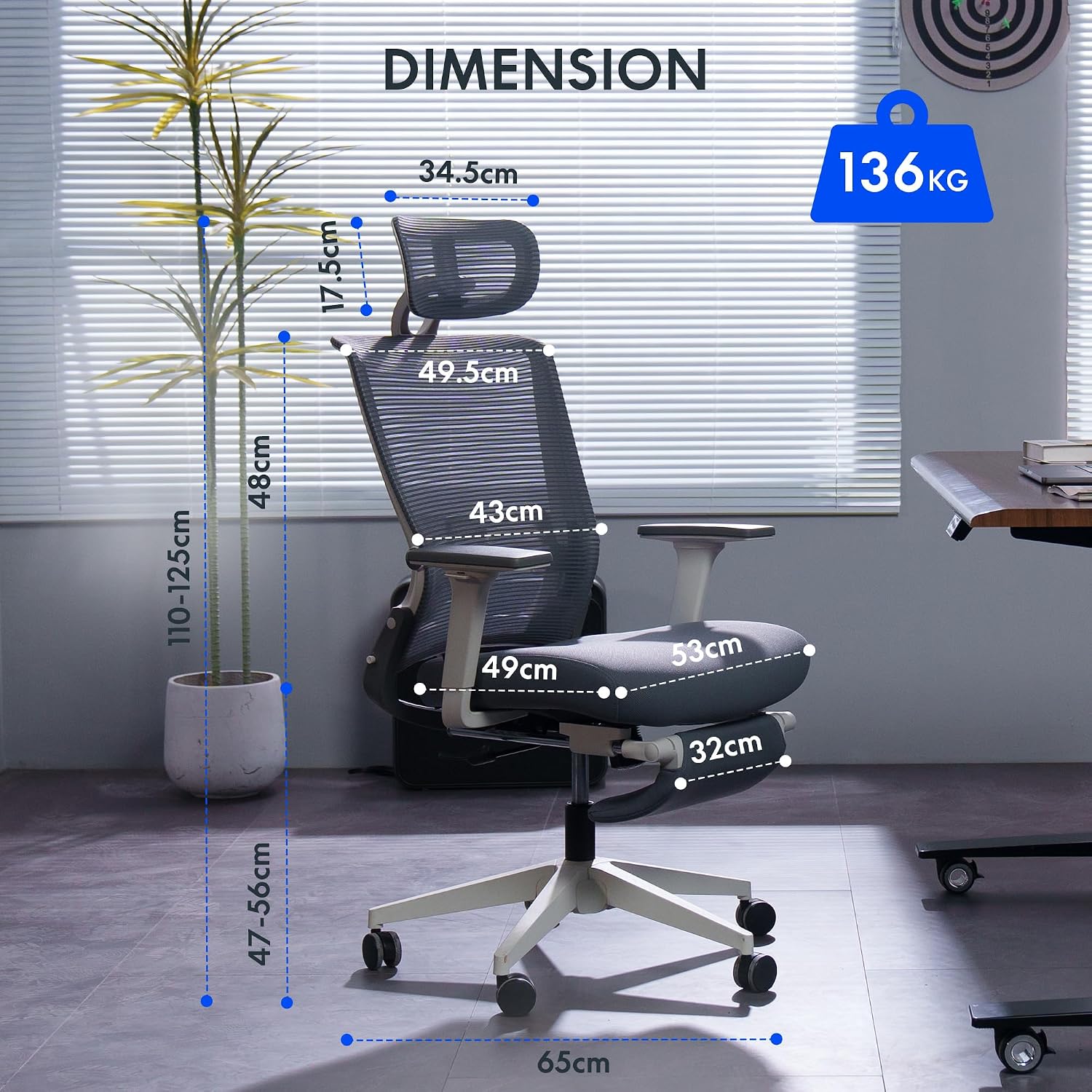 Detalle 2 de FLEXISPOT Foldex sedia da ufficio ergonomica pieghevole con schienale reclinabile, poggiapiedi e supporto lombare