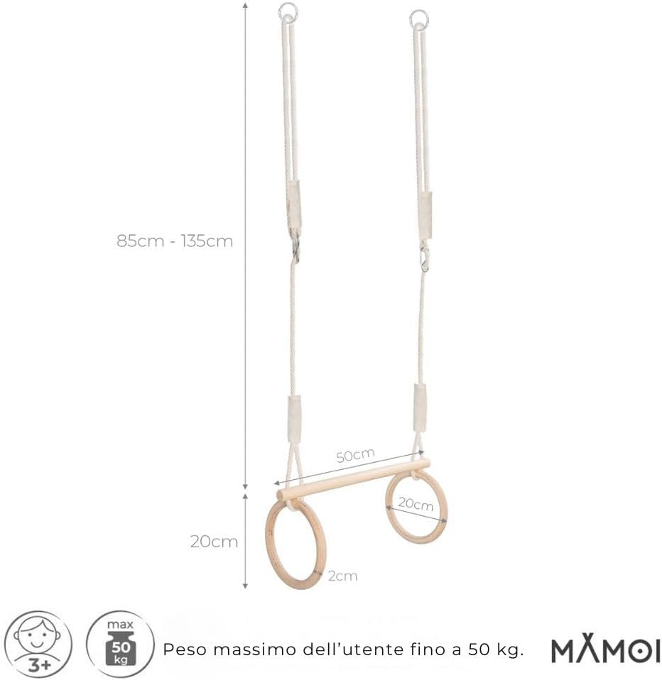 Detalle 2 de MAMOI Anelli ginnastica artistica per bambini – Trapèzio altalena in legno, uso interno/esterno