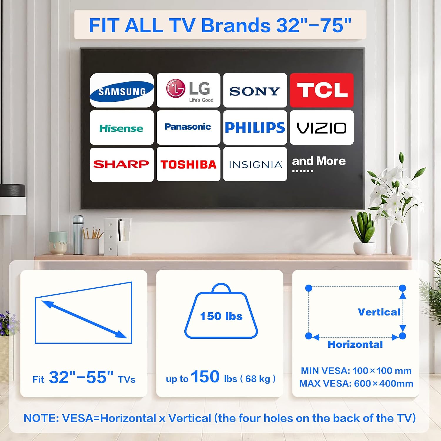 Detalle 2 de No Drill Drywall TV Mount (No Stud) for 32–75 Inch TVs up to 150 lbs, Low-Profile Wall Mount