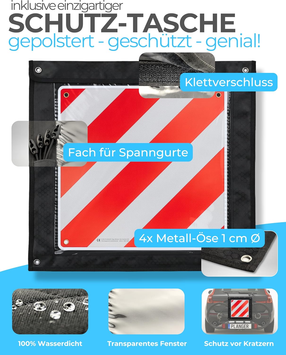 Thumbnail 2 de PLANGER® Warntafel 3in1 Italien/Spanien/Portugal 50 × 50 cm – Schild, Tasche und Spanner