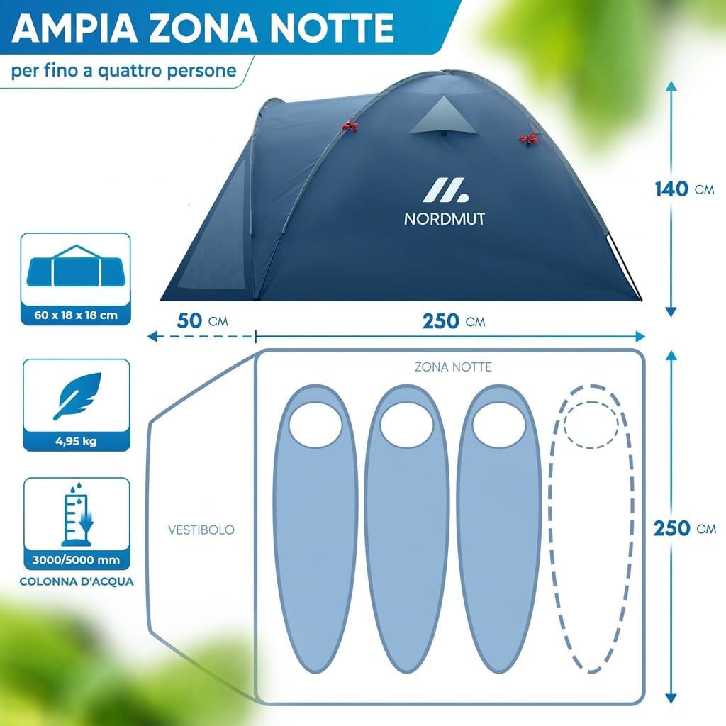 Thumbnail 1 de NORDMUT Tenda da Campeggio 4 Persone: impermeabile, leggera e pratica con anticamera richiudibile