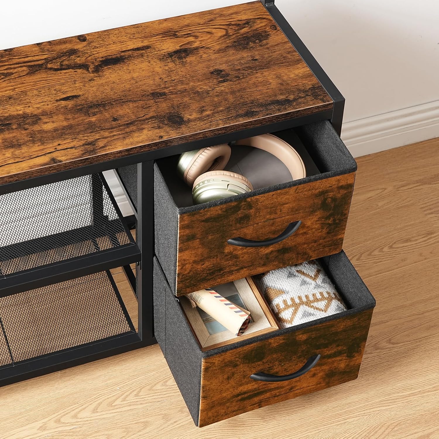 Detalle de HOOBRO Stand Appendiabiti, Panca Appendiabiti da Ingresso con Scarpiera e Cassetti – Marrone Vintage e Nero (EBF08MT01)