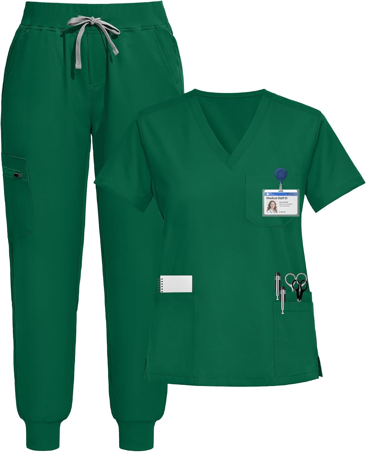 Detalle de Eipnare Women's V-Neck Jogger Scrub Set, 9 Pockets and Stretch Fabric