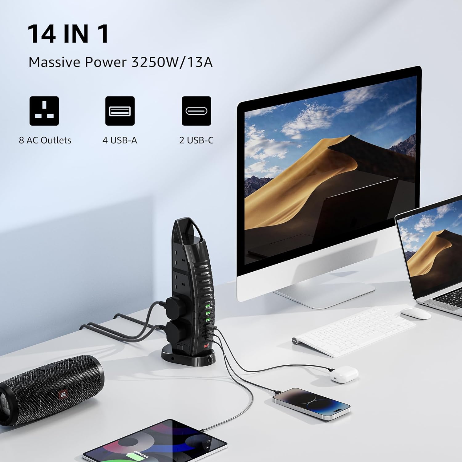 Detalle de Hotimy Tower Extension Lead 4M with 8 Outlets and 6 USB ⚡