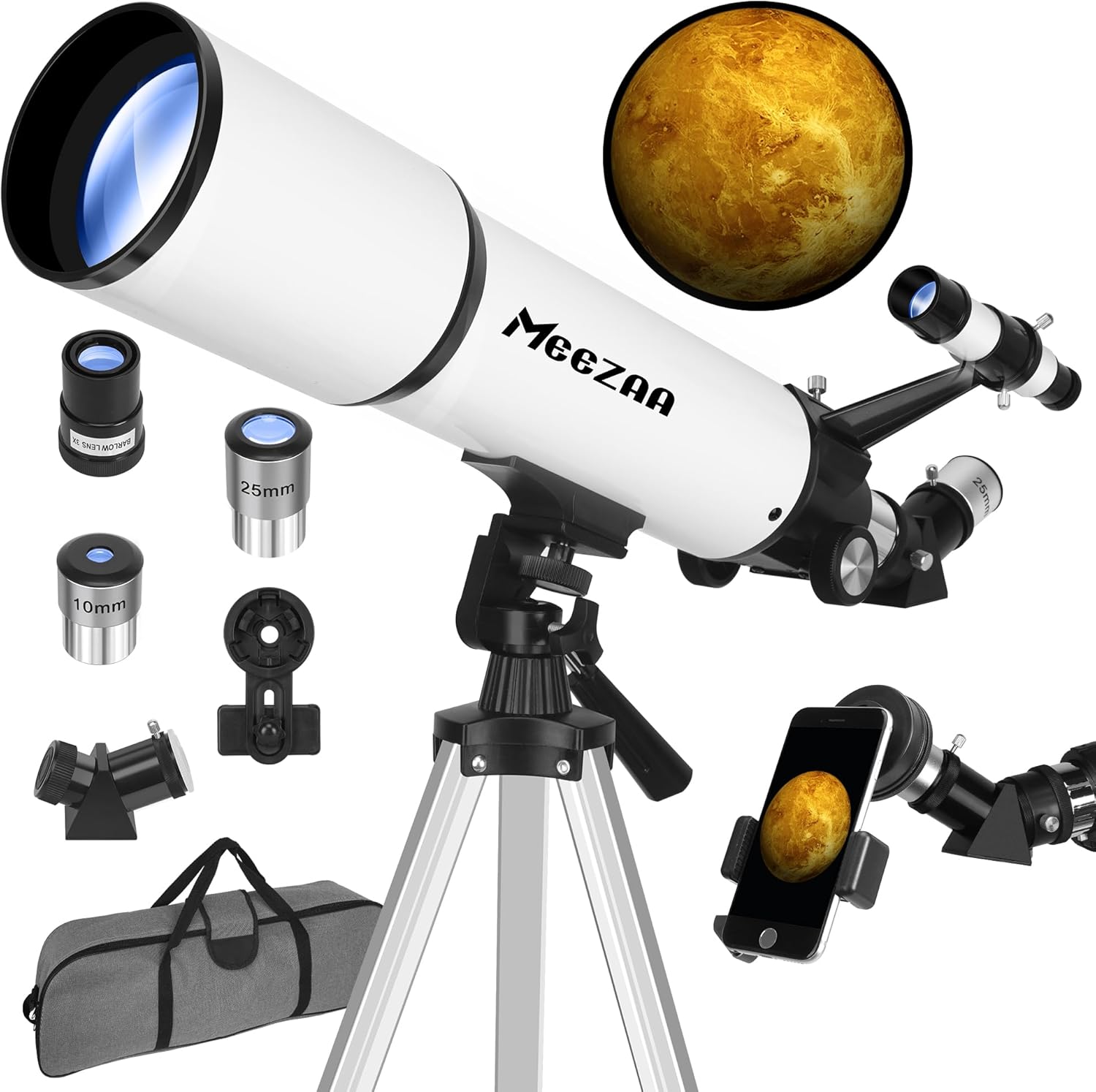 MEEZAA Télescope Astronomique 80/600mm — Réfracteur Portable pour Débutants et Enfants, 24x–180x avec Trépied et Adaptateur Téléphone