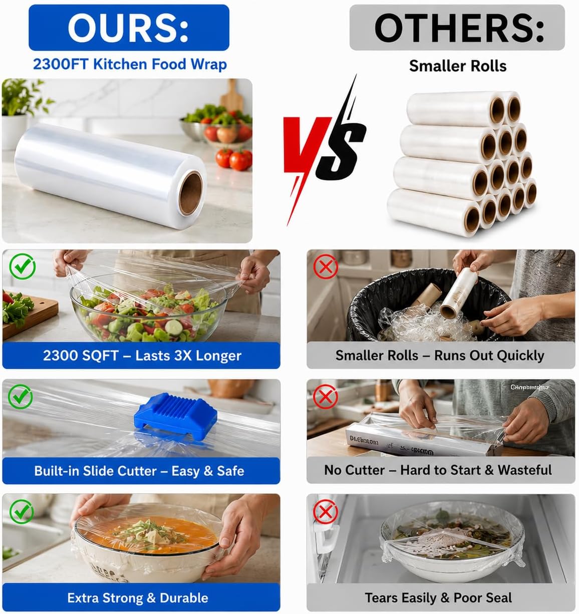 Thumbnail 1 de 12" x 2300 SqFt Plastic Wrap with Slide Cutter — Commercial-Size Cling Wrap for Home or Kitchen