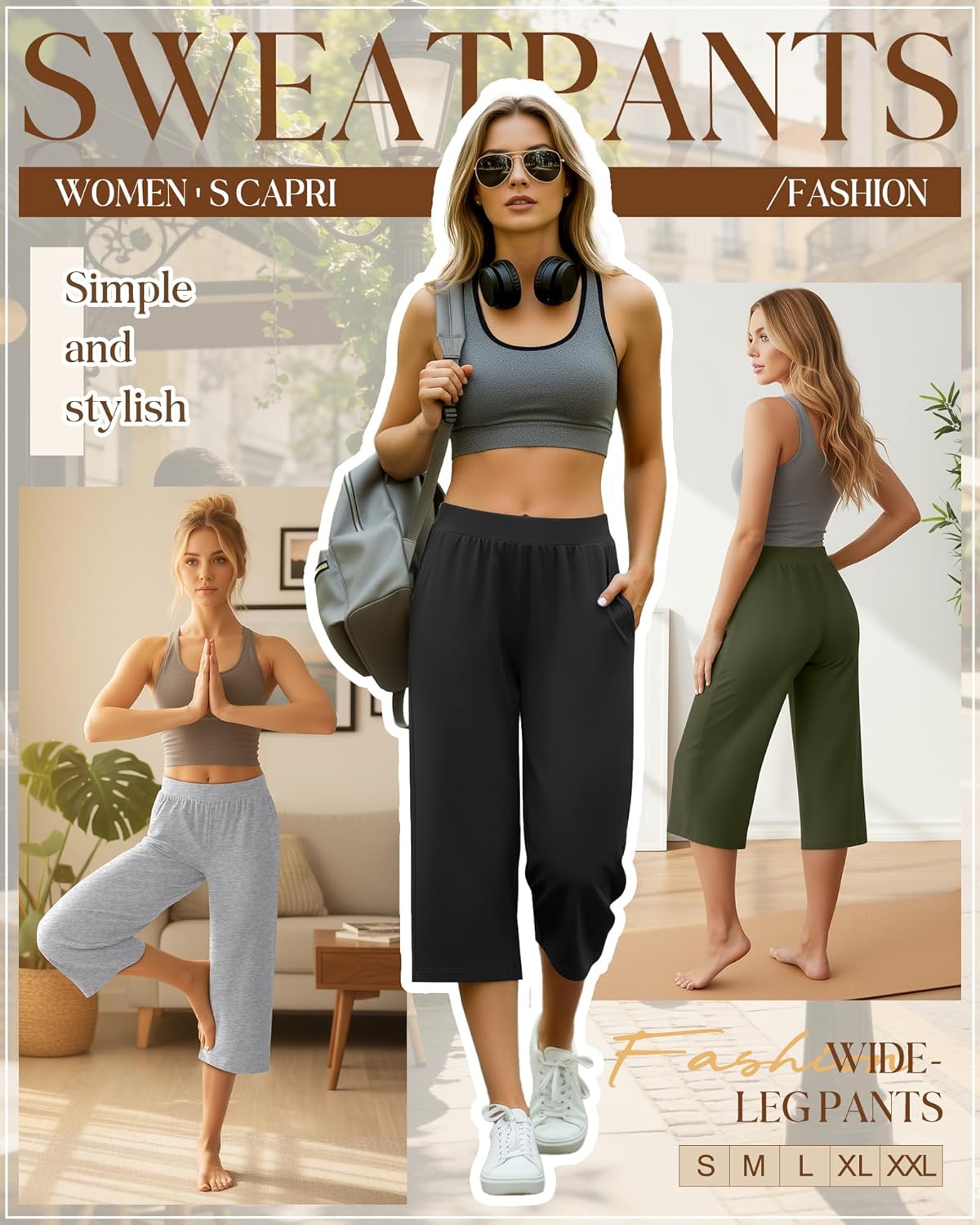 Detalle de Huukeay 3 Pack Women's Capri Sweatpants – Cozy Wide-Leg Cropped Capris with Pockets