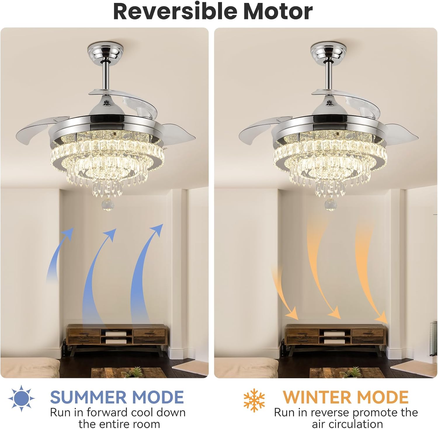 Thumbnail 3 de Modern Crystal Chandelier Ceiling Fan with Light – 42in, DC Motor, Remote & Retractable Blades