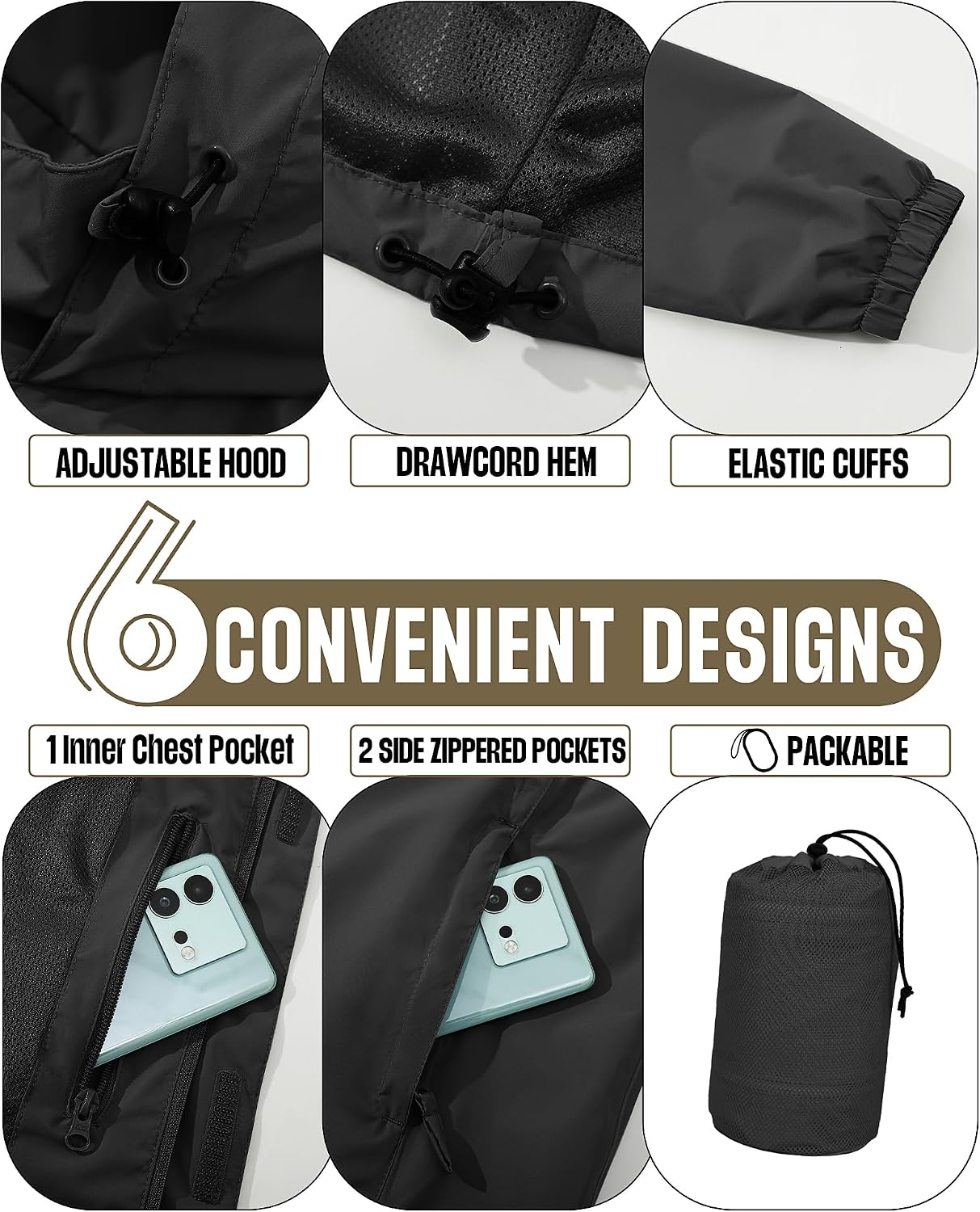 Detalle de 33,000ft wasserdichte Regenjacke für Herren – Atmungsaktiv, Leichte Outdoorjacke mit Kapuze