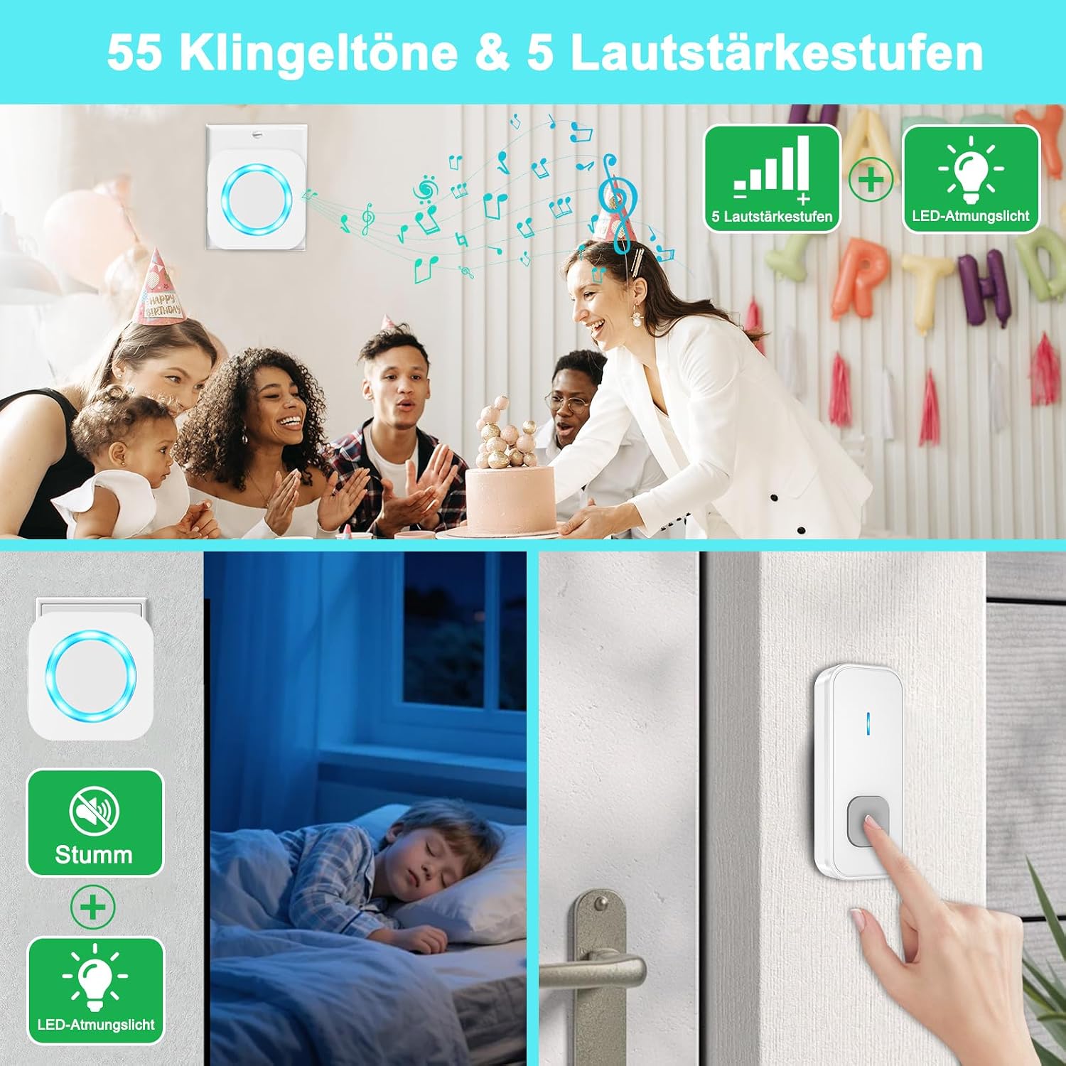Detalle de AIMAX Funkklingel mit 2 Sendern und 1 Empfänger – kabellose Türklingel, IP55, 400 m Reichweite