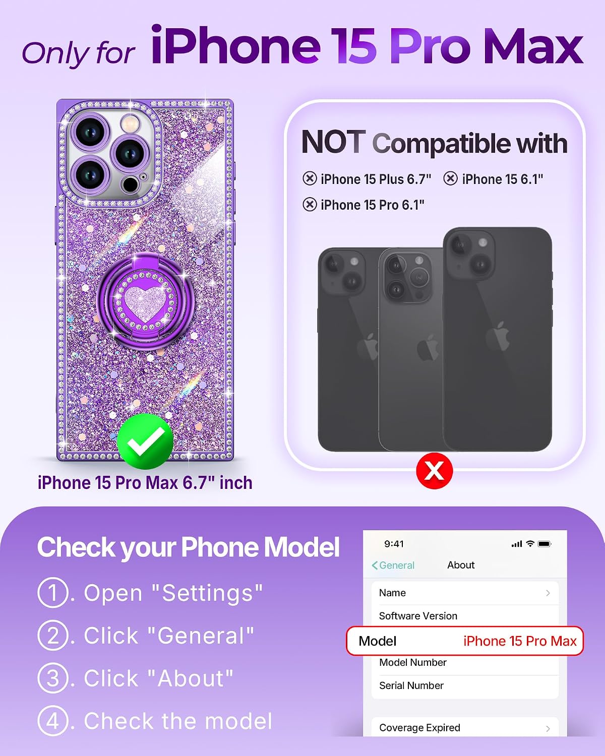 Detalle 2 de XYZ Glitter Bling Case for iPhone 15 Pro Max (Purple) with Heart Stand & Lanyard