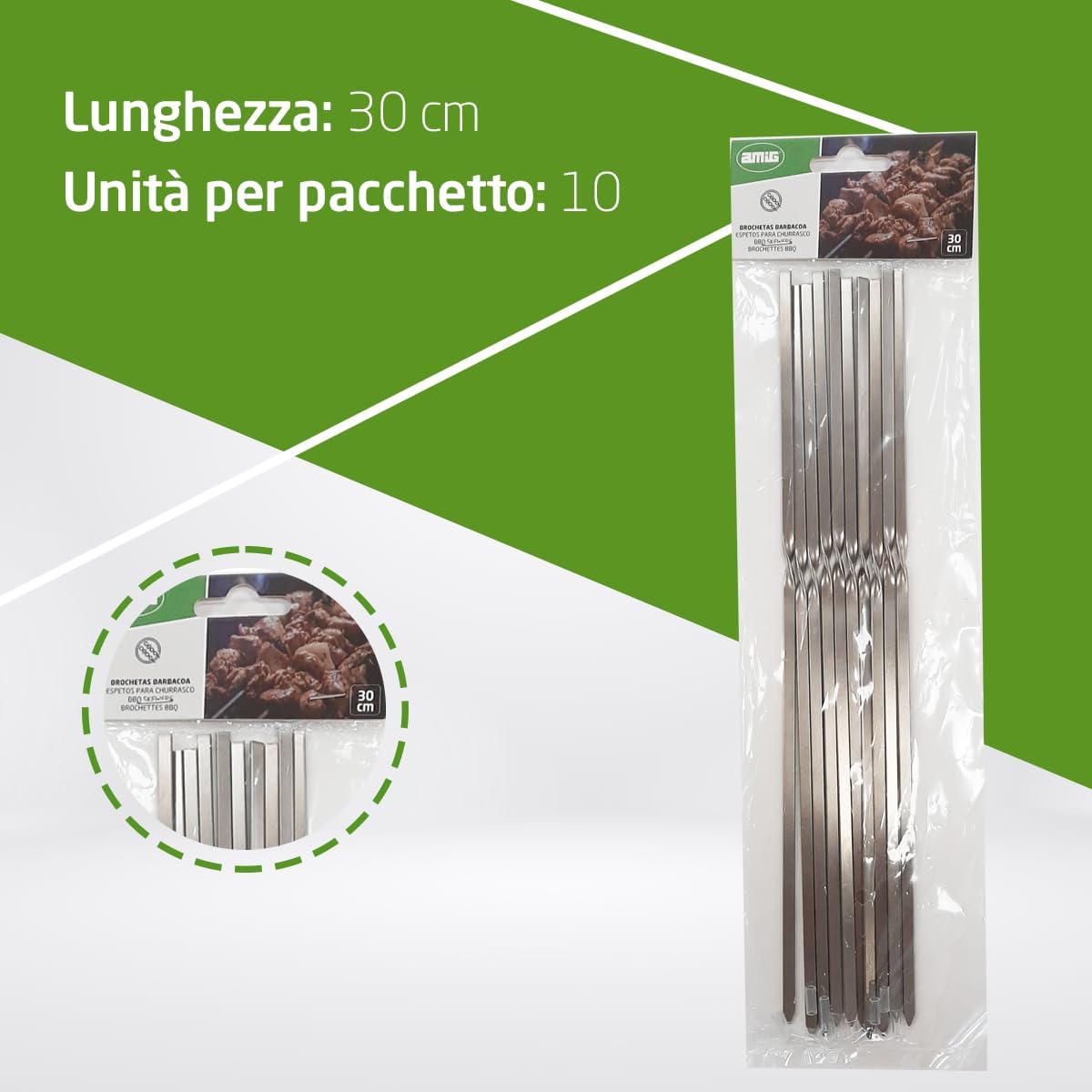 Detalle 2 de Amig - 10 Spiedini Metallo per Barbecue Fireplus — Spiedini in Acciaio Inox da 30 cm