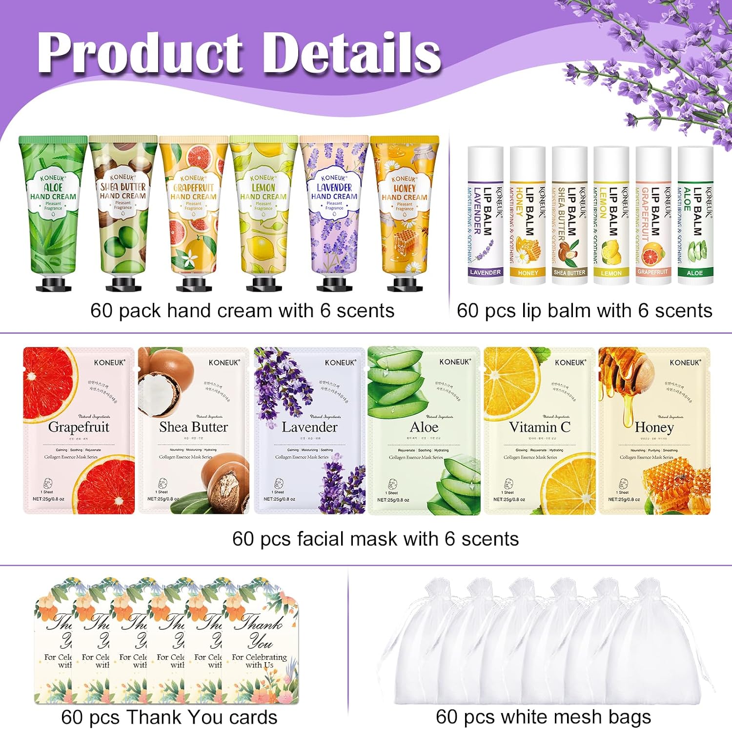 Detalle 2 de 60 Pack Bulk Lip Balm, Facial Mask & Hand Cream Sets for Easter Baskets, Teacher Appreciation, and Bridesmaid Gifts