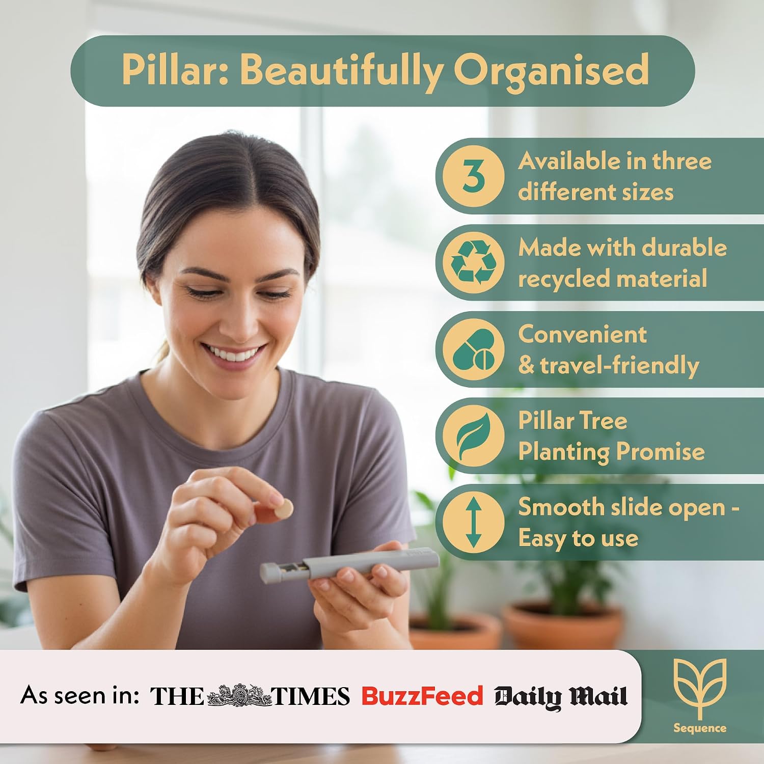 Detalle de Sequence Pillar AM/PM Pill Organiser (Sage Green) – 7 Day, 2 Times a Day Tablet Box