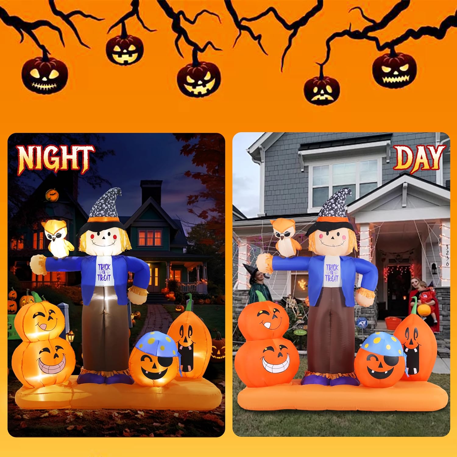 Detalle de GIFTFIND Halloween Inflatable Scarecrow with Pumpkins, Owl, and LED Lights