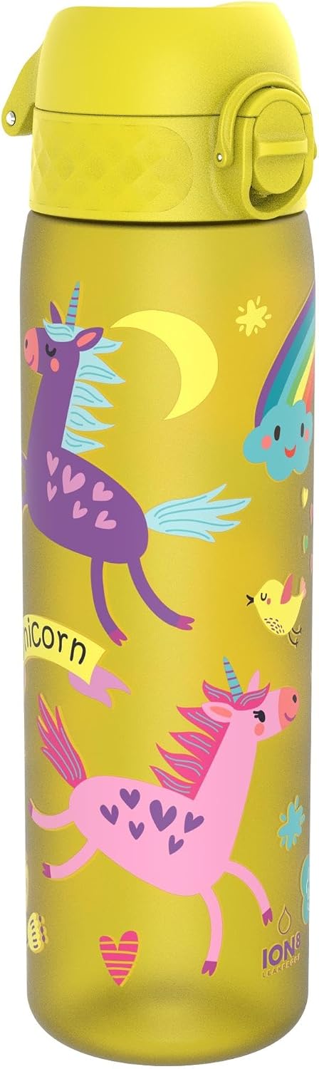Detalle de Ion8 Borraccia 500 ml a prova di perdite – Unicorni Gialli, facile da aprire, lavabile in lavastoviglie e senza BPA