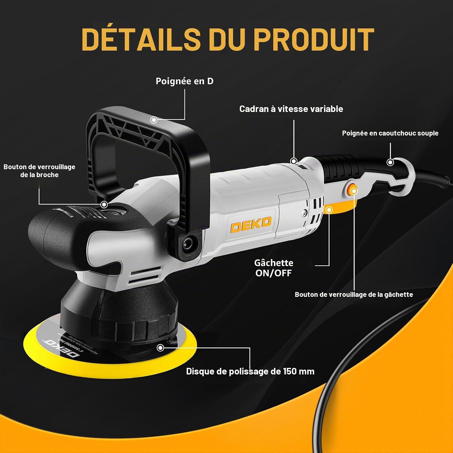 Detalle 2 de DEKOPRO 900W dual-action polijstmachine, 150 mm, 6 snelheden, 15 mm