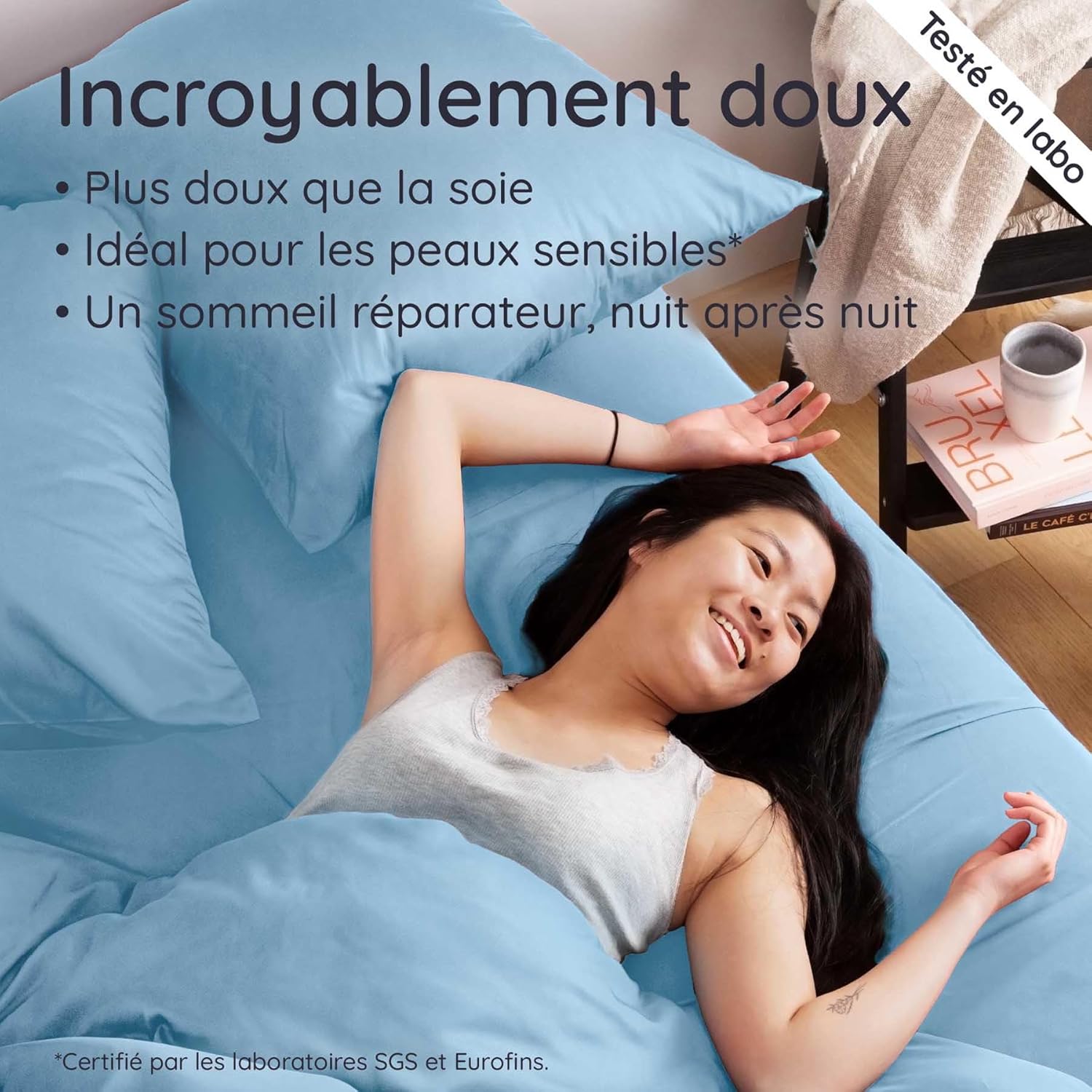 Thumbnail 3 de Bambaw Drap housse bambou 140x200 cm (bleu clair) pour matelas épais jusqu’à 35 cm