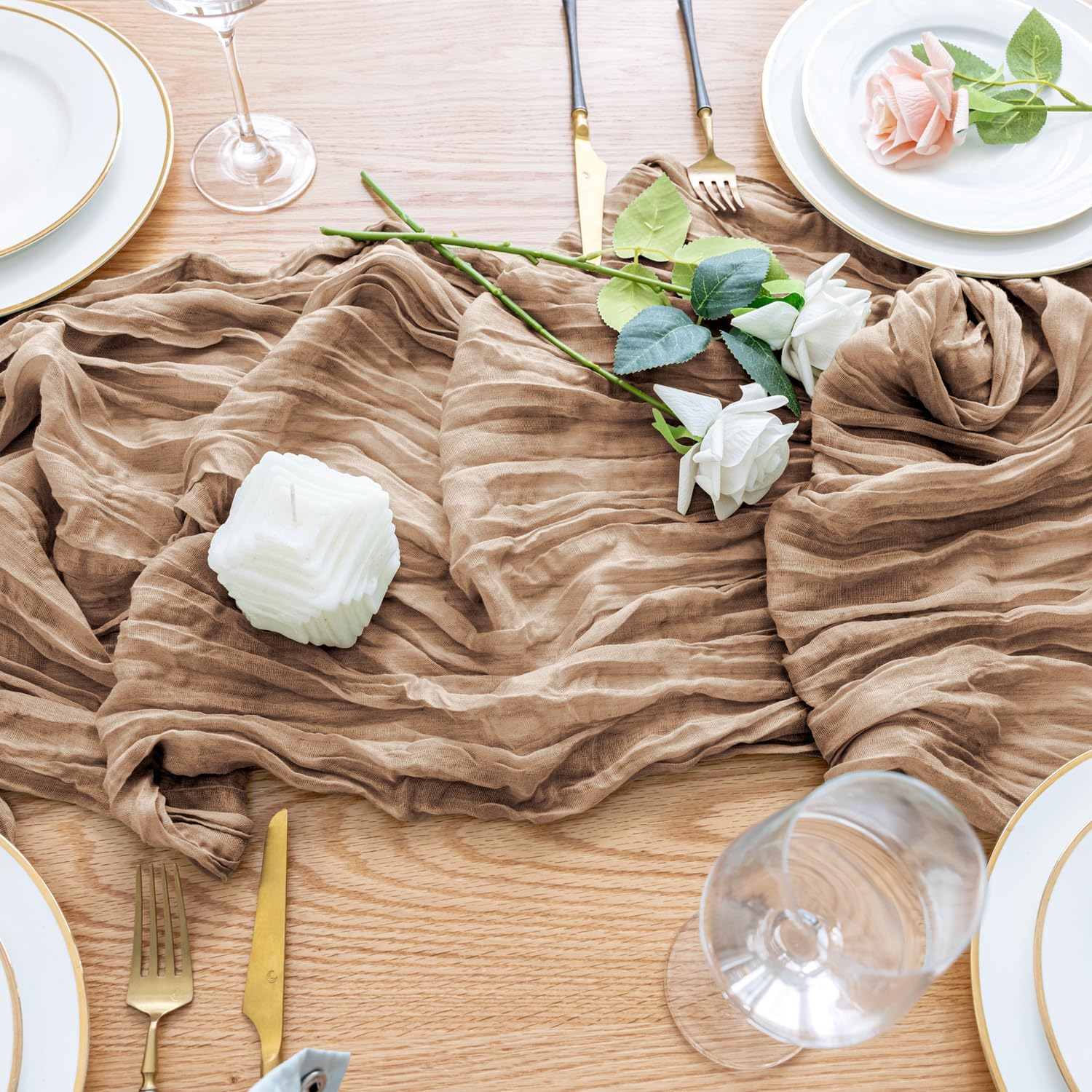 Detalle de Wokceer Cheesecloth Table Runner 12 Pack, 10ft Nude Brown – Rustic Gauze Linens for Weddings, Parties, and Baby Showers