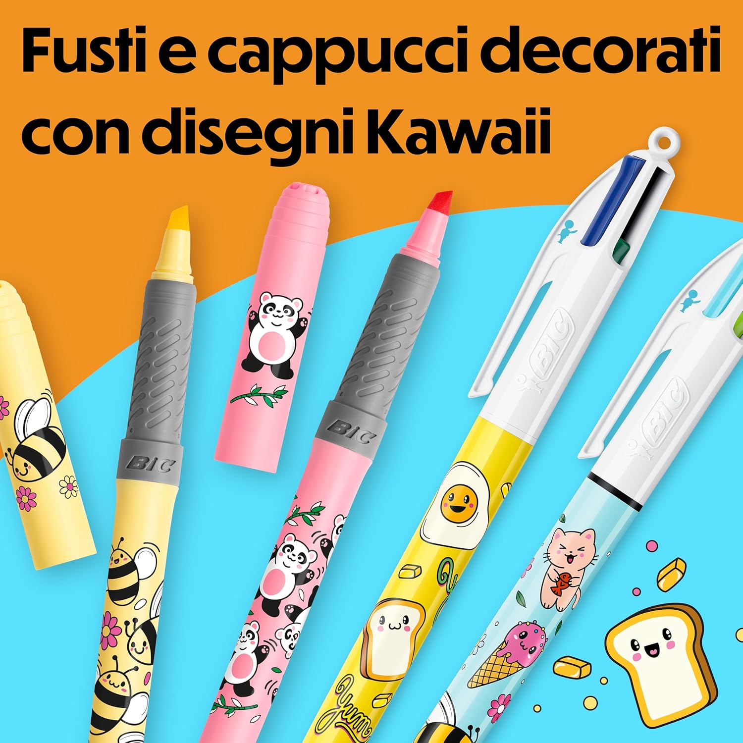 Thumbnail 2 de Penna a Sfera a Scatto BIC 4 Colours Decors Kawaii + Evidenziatore Grip Décor – Set da 4