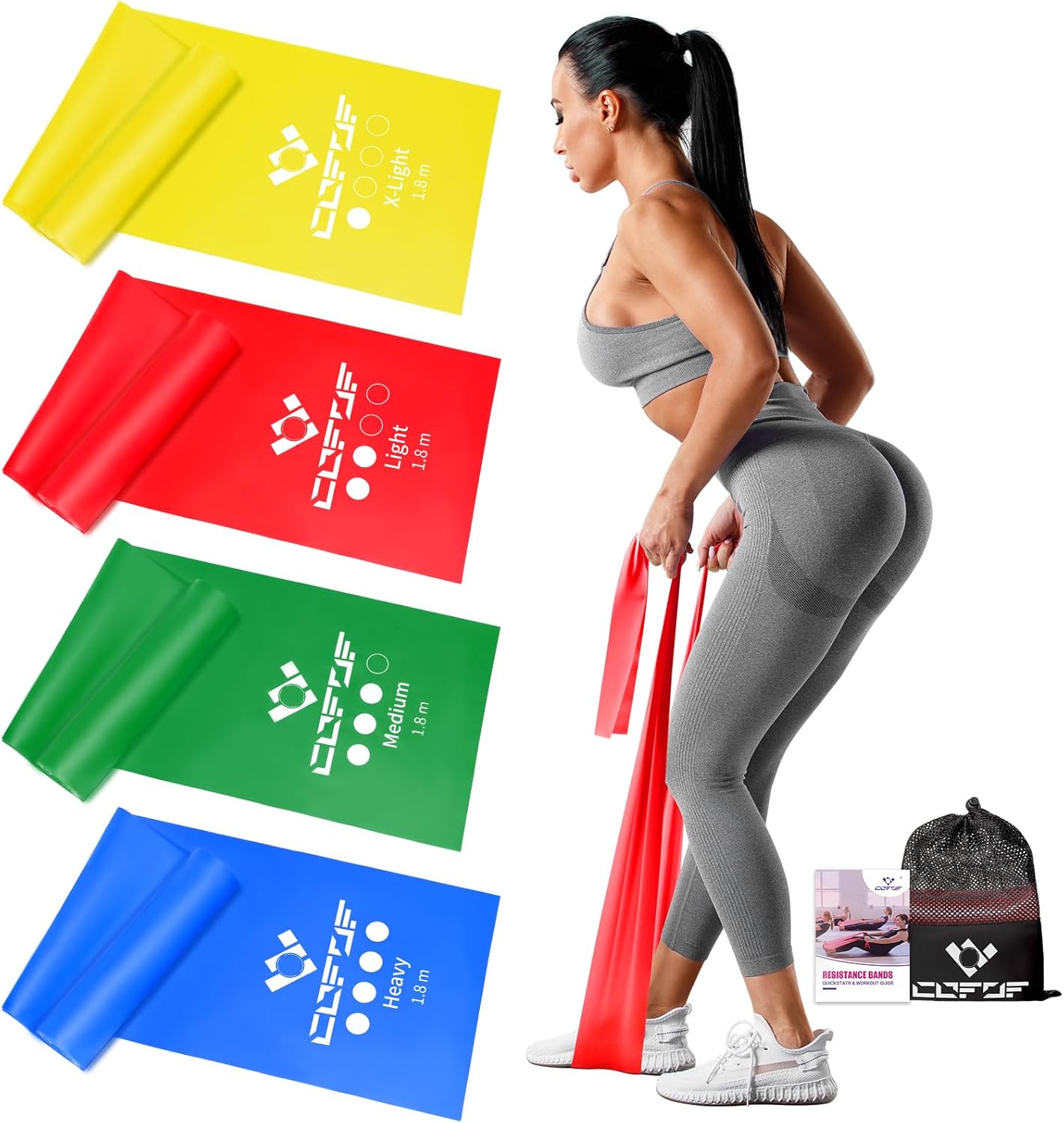 Detalle de COFOF Fitnessbänder 4er-Set – elastische Gymnastikbänder mit Tragetasche und Übungsanleitung