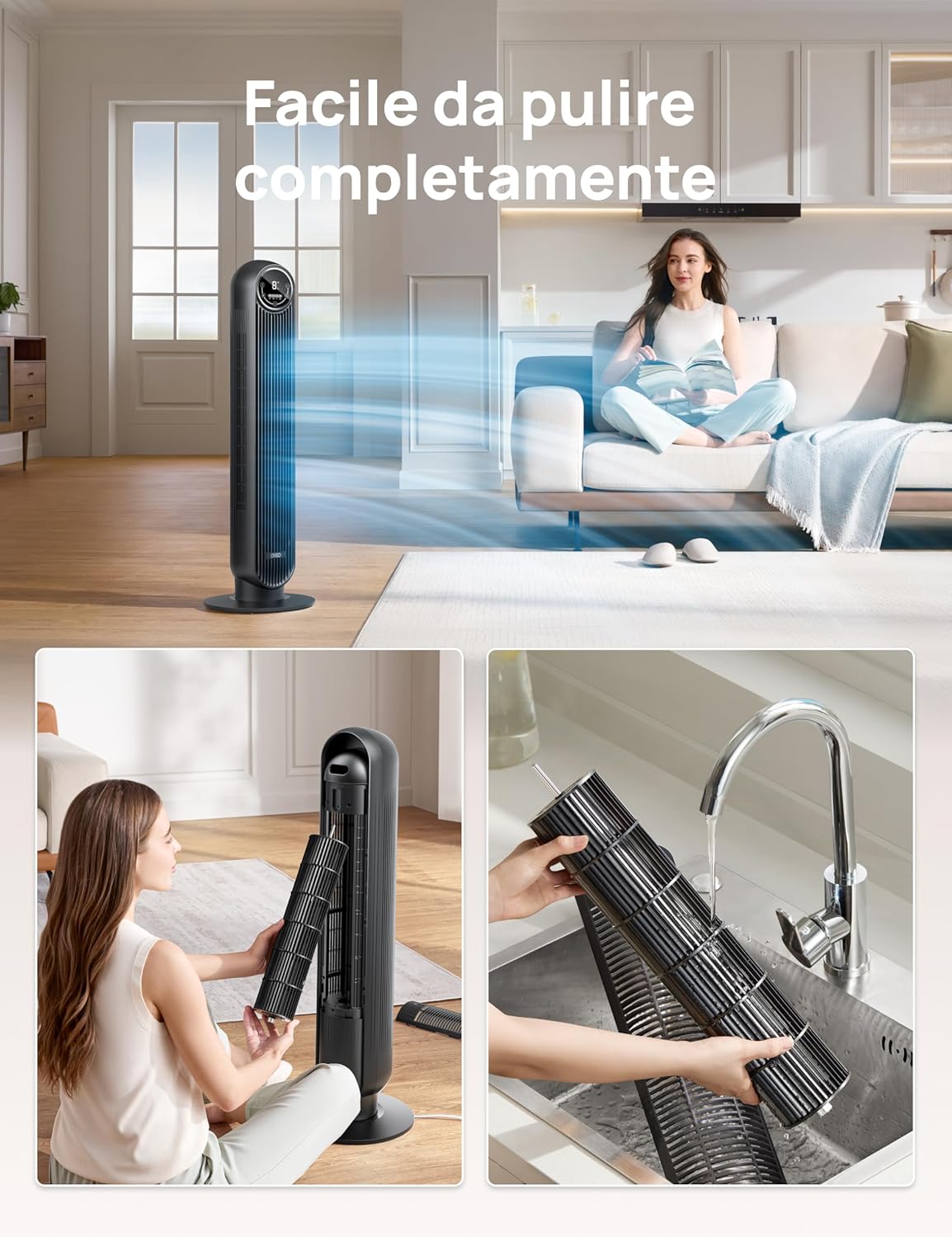 Thumbnail 6 de Dreo 20dB ventilatore a torre silenzioso con telecomando, 4 velocità, oscillazione 90° e timer 1–8 ore